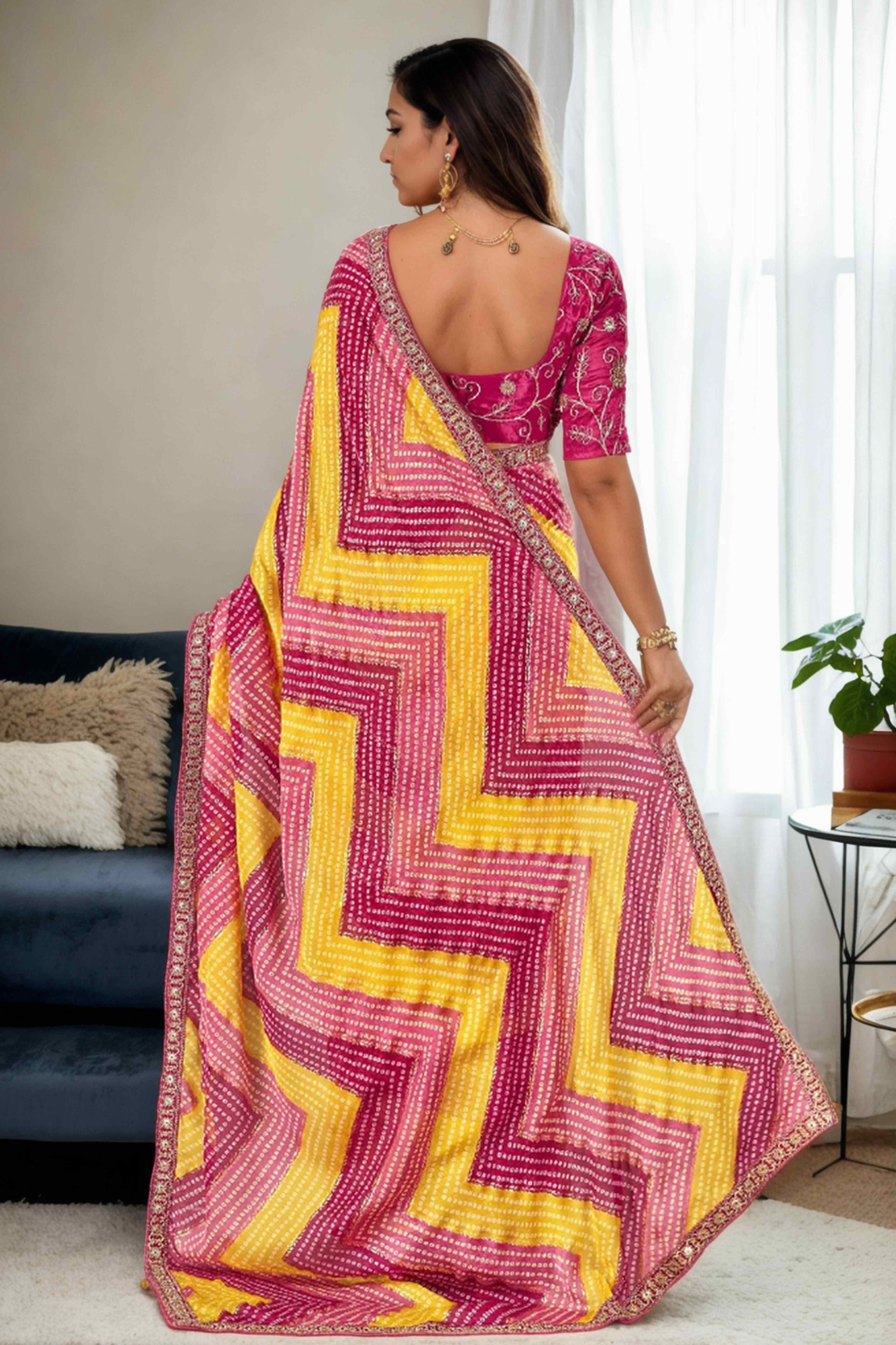 Pink & Yellow Bandhani Digital Printed Chinon Saree With Embroidered Border