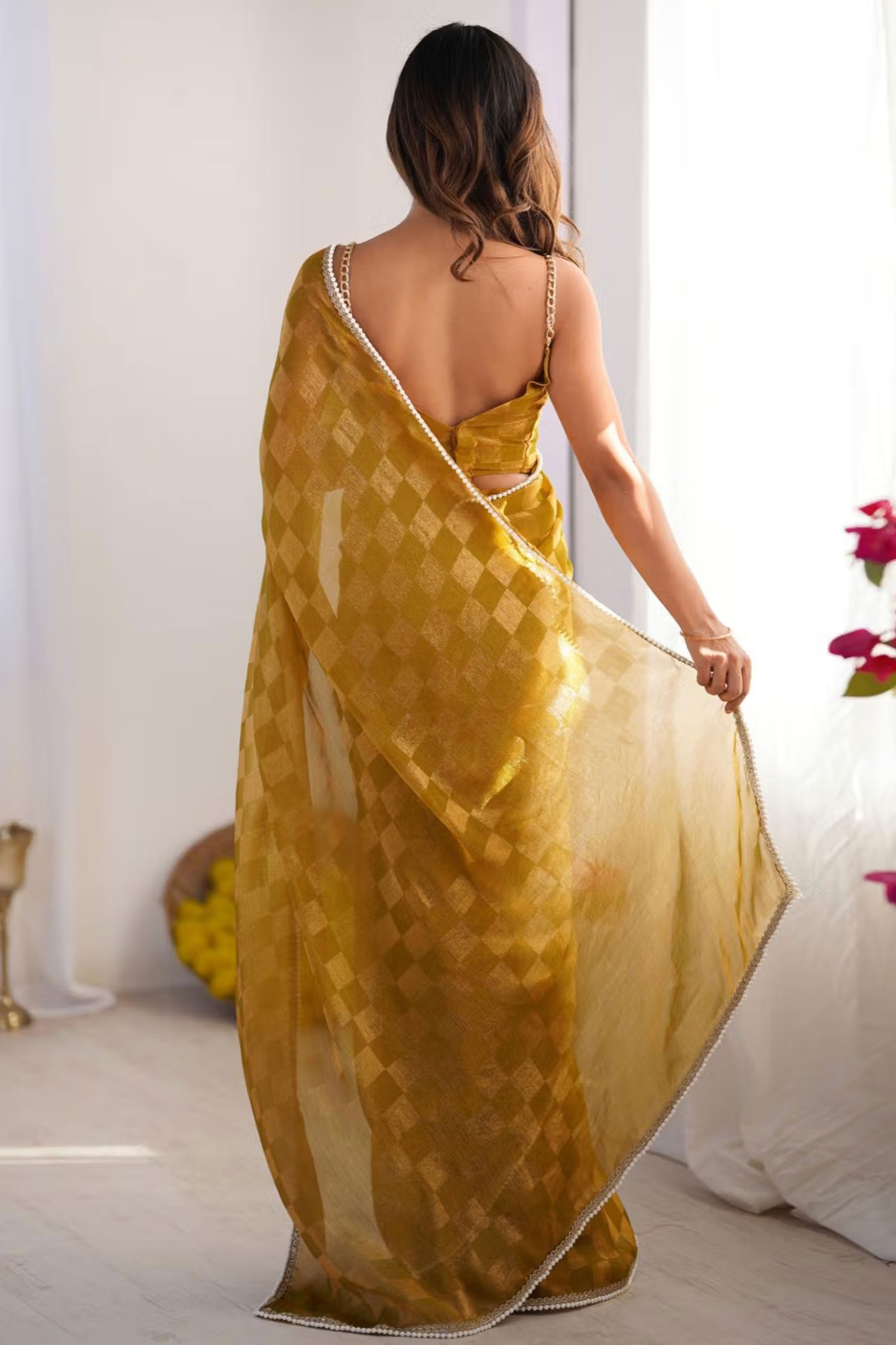 Mustard Checks Weaving Chiffon Saree With Refined Moti Lace Border