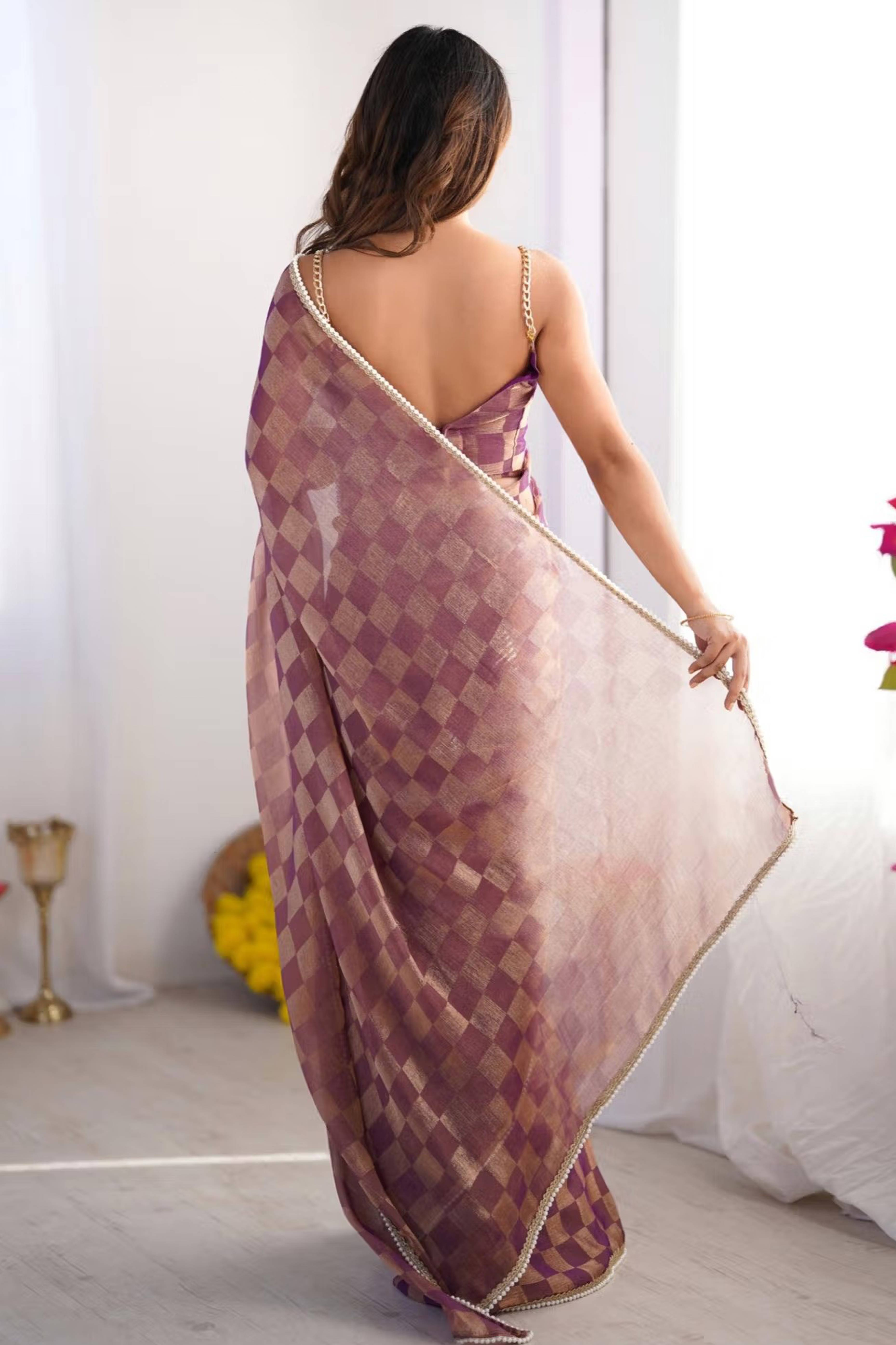 Purple Checks Weaving Chiffon Saree With Refined Moti Lace Border