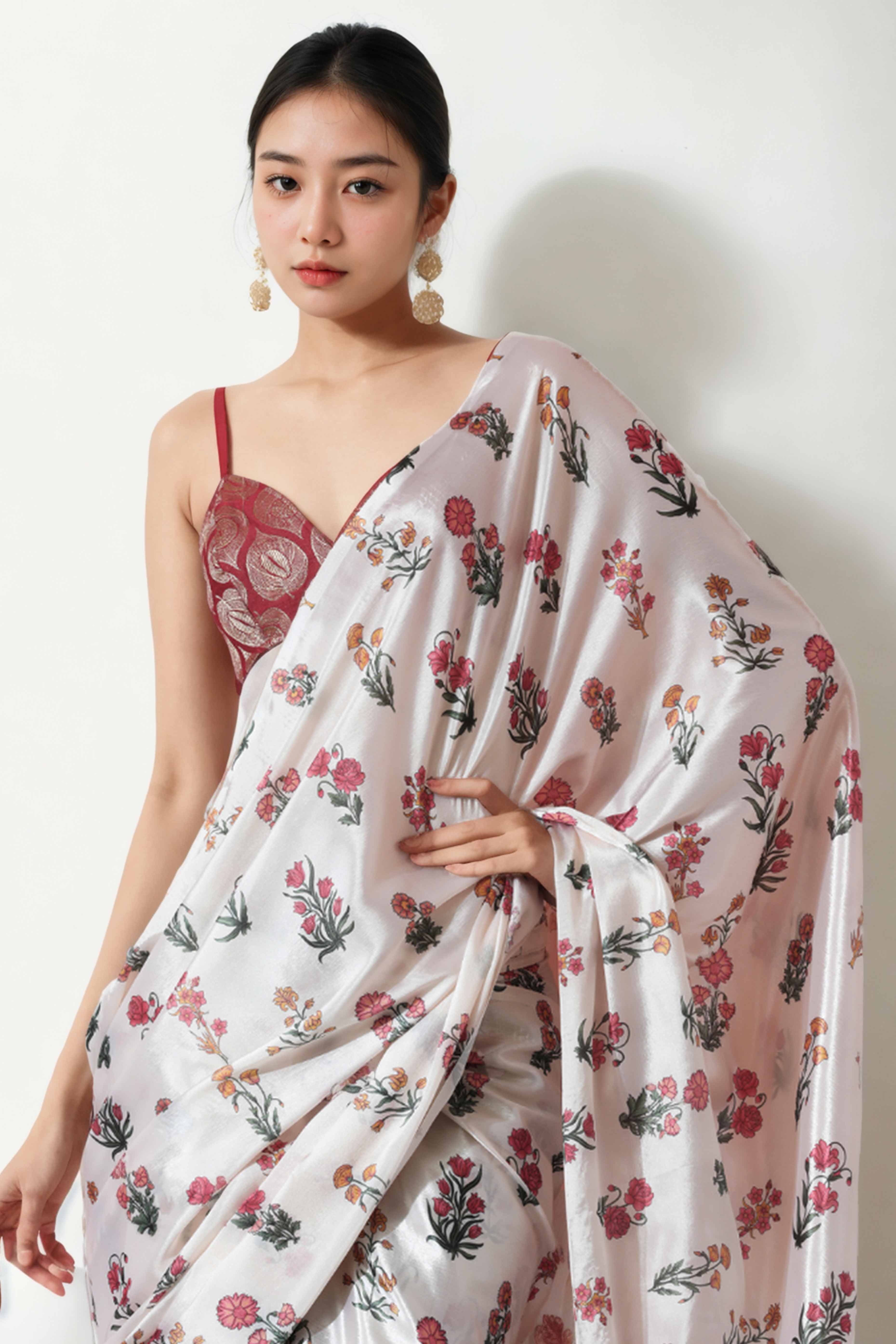Offwhite Floral Digital Printed With Lace Border Pallu Chinon Ready To Wear Saree