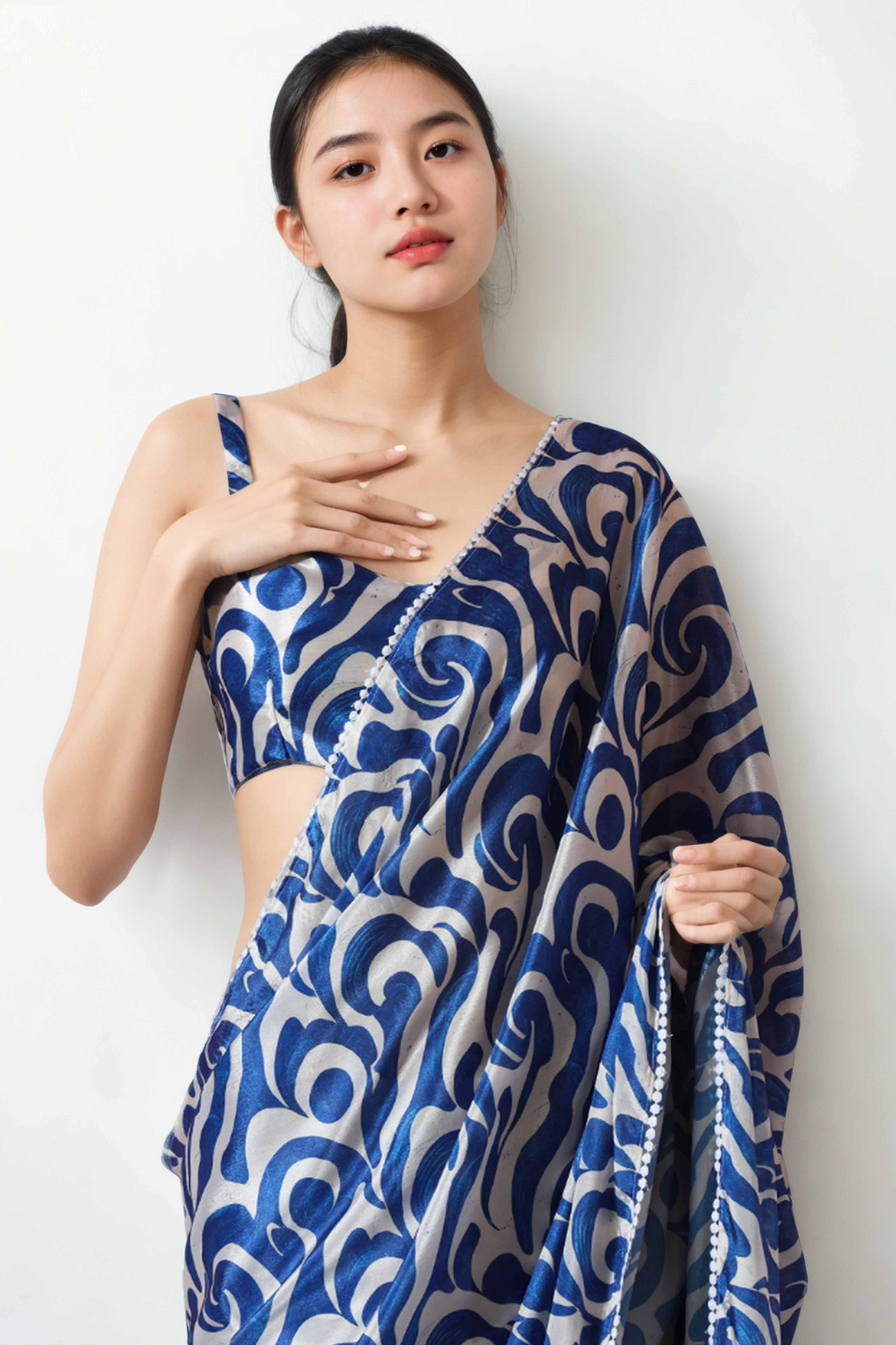Blue Digital Printed With Lace Border Pallu Chinon Ready To Wear Saree