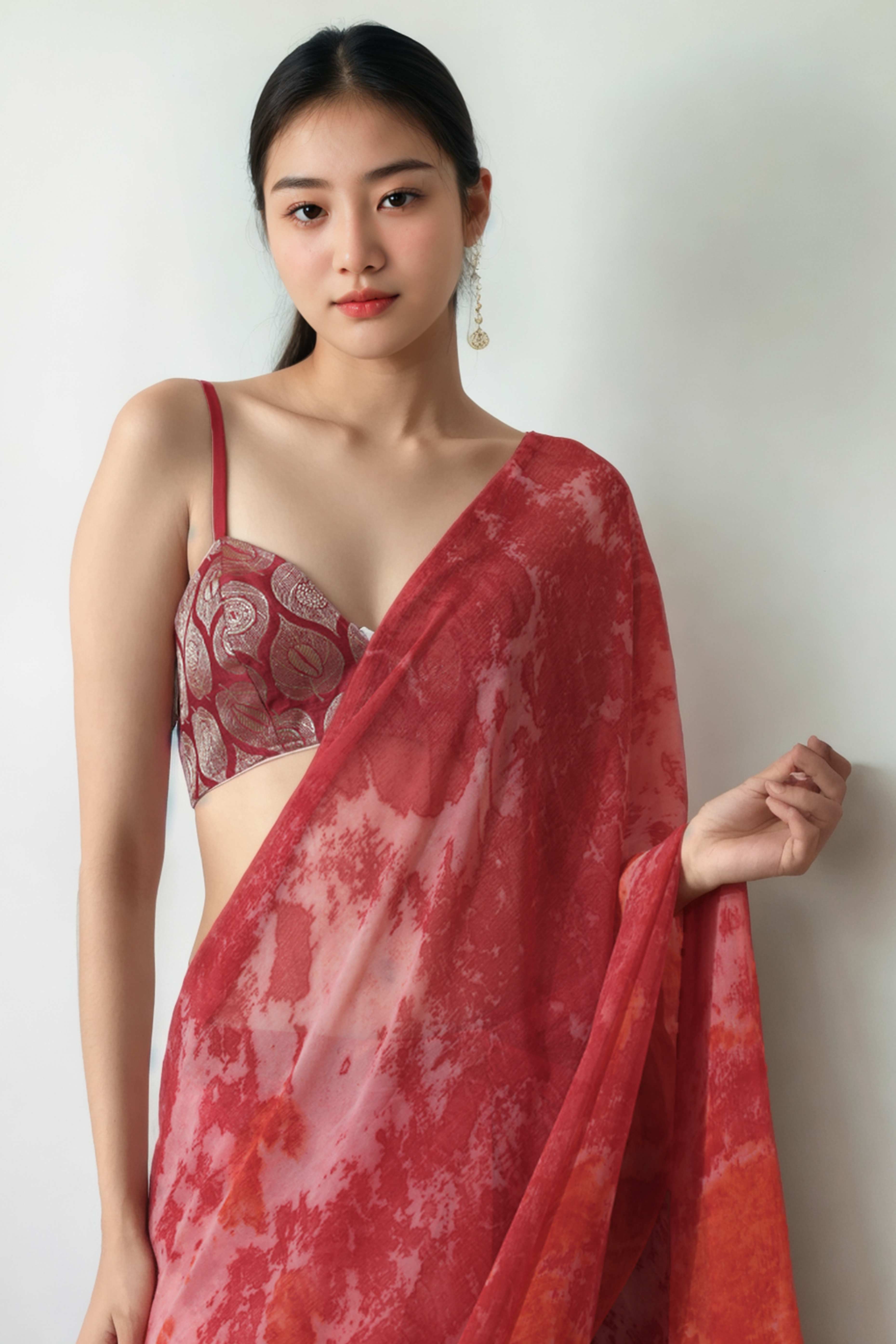 Gajari Pink Tie & Dye Printed With Marbel Chiffon Ready To Wear Saree