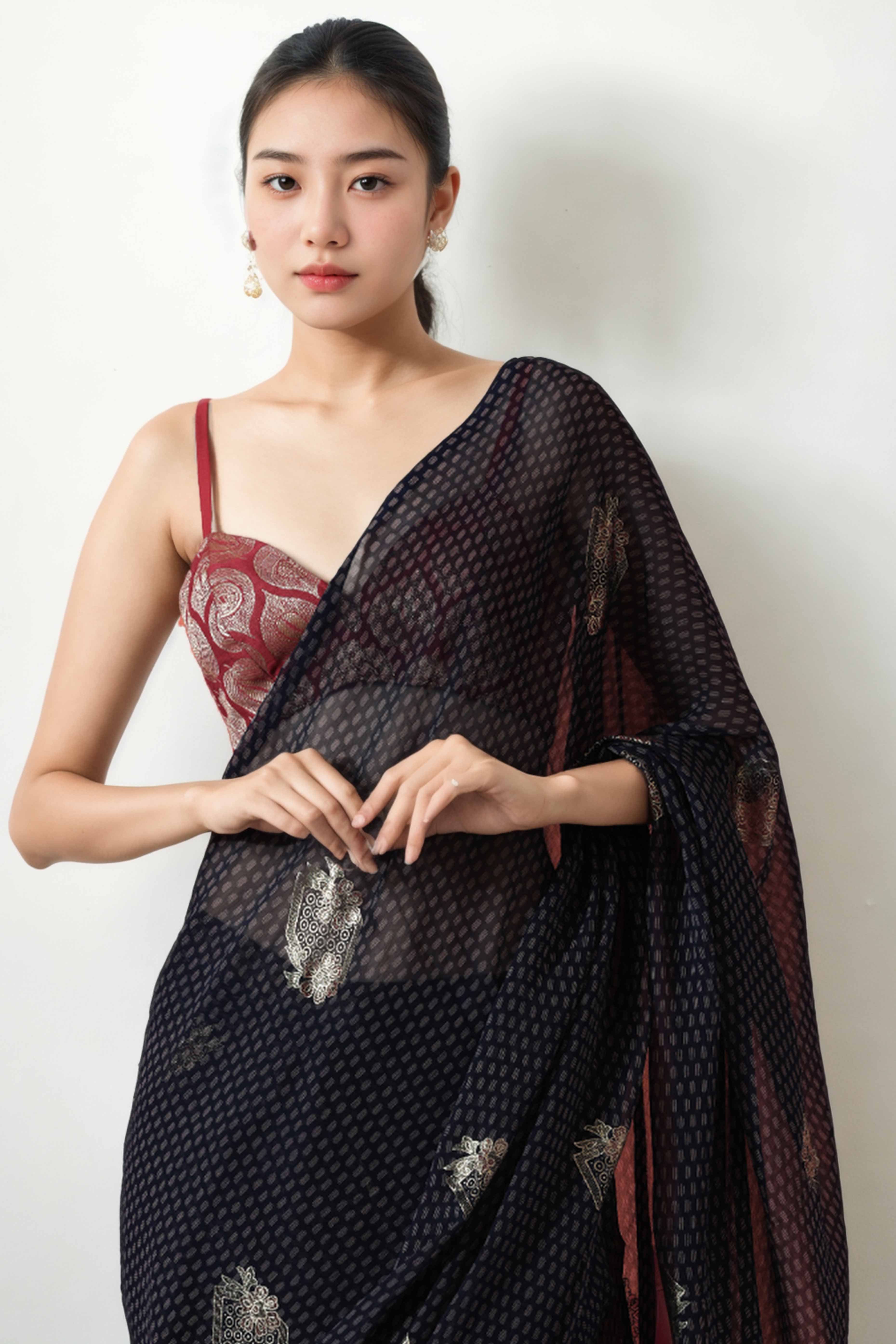 Black Floral Foil Printed With Marbel Chiffon Ready To Wear Saree