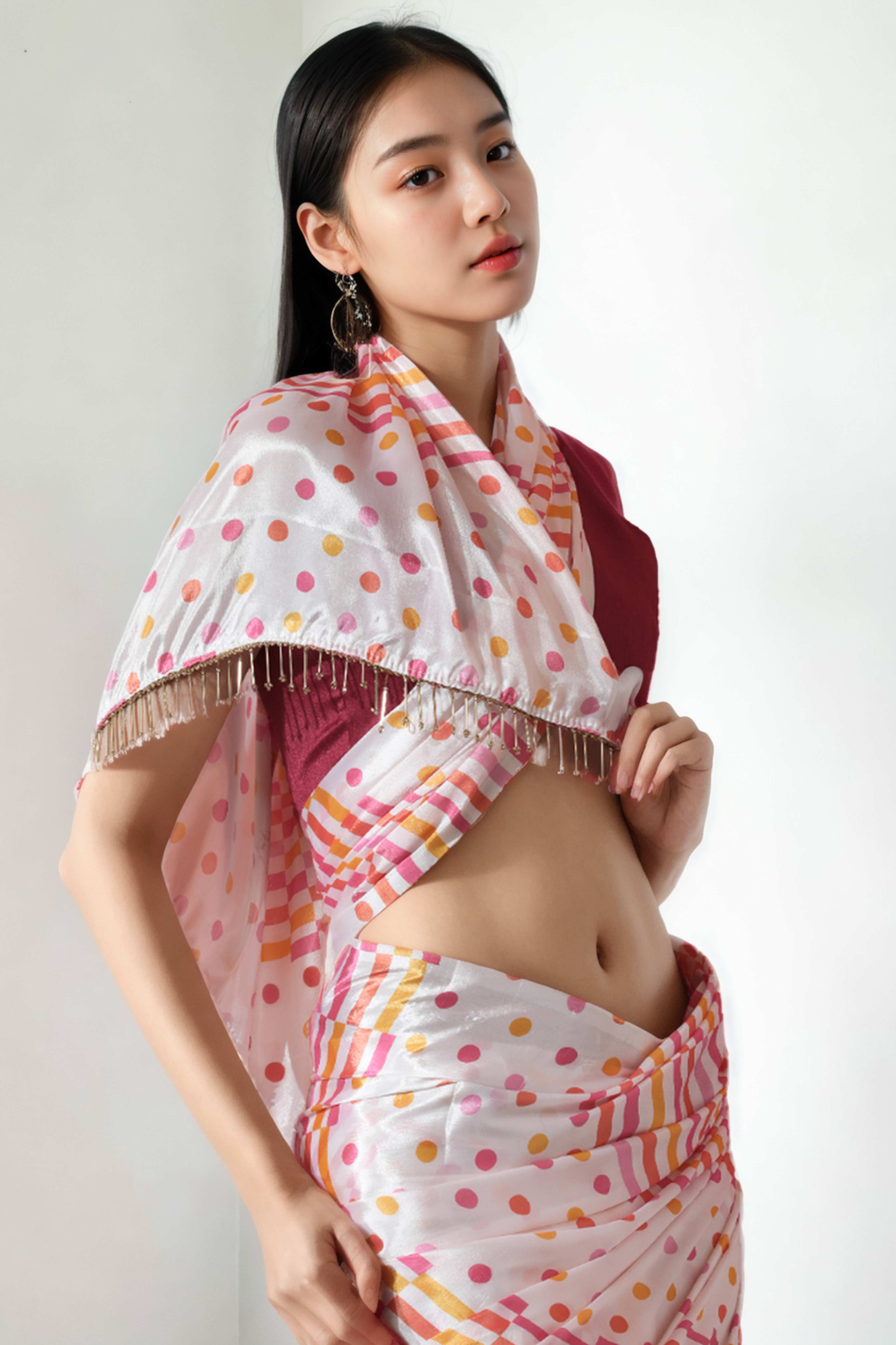 White Striped With Polka Dot Digital Printed With Lace Border Pallu Chinon Ready To Wear Saree