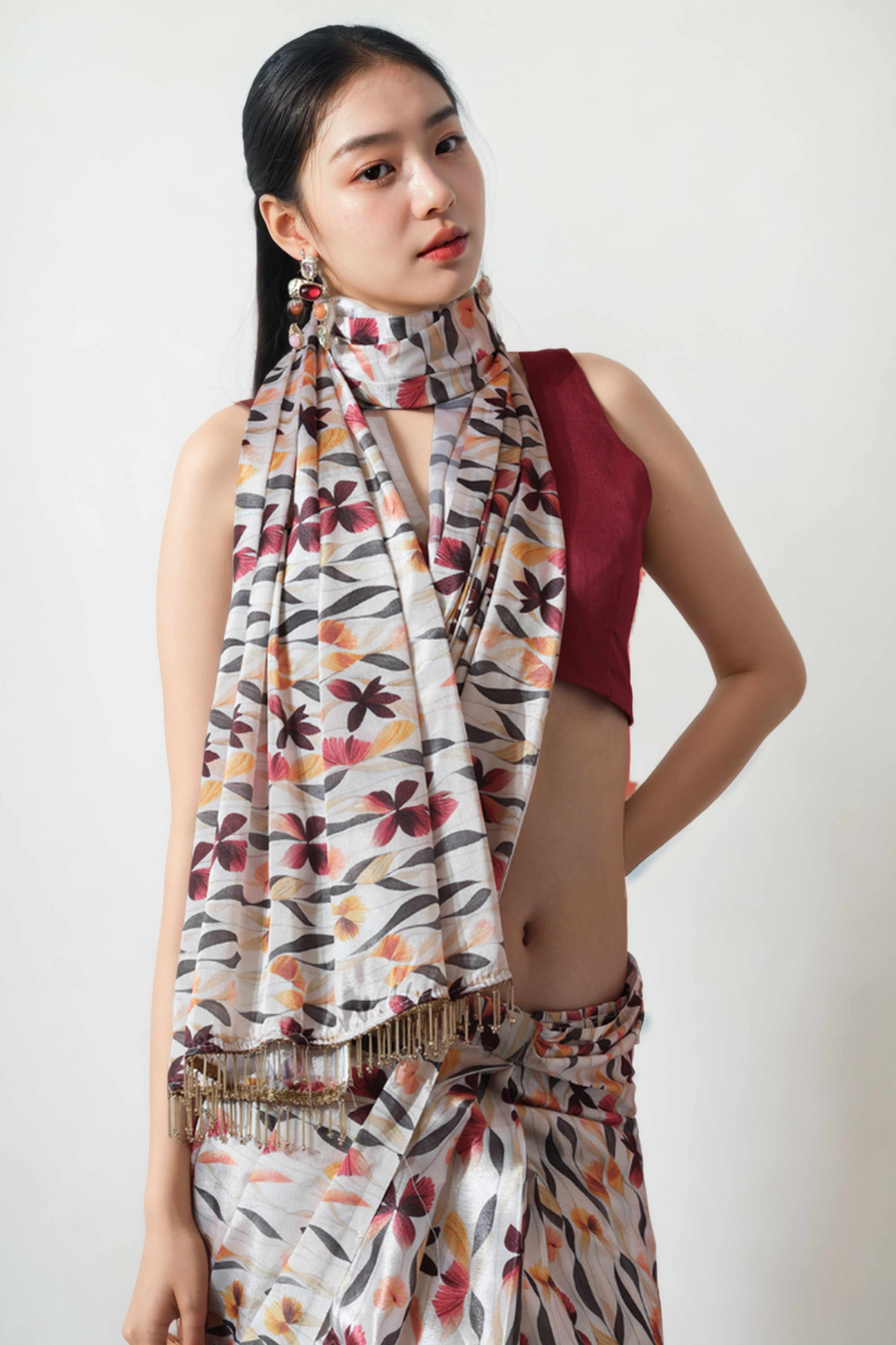 Beige Floral Digital Printed With Lace Border Pallu Chinon Ready To Wear Saree