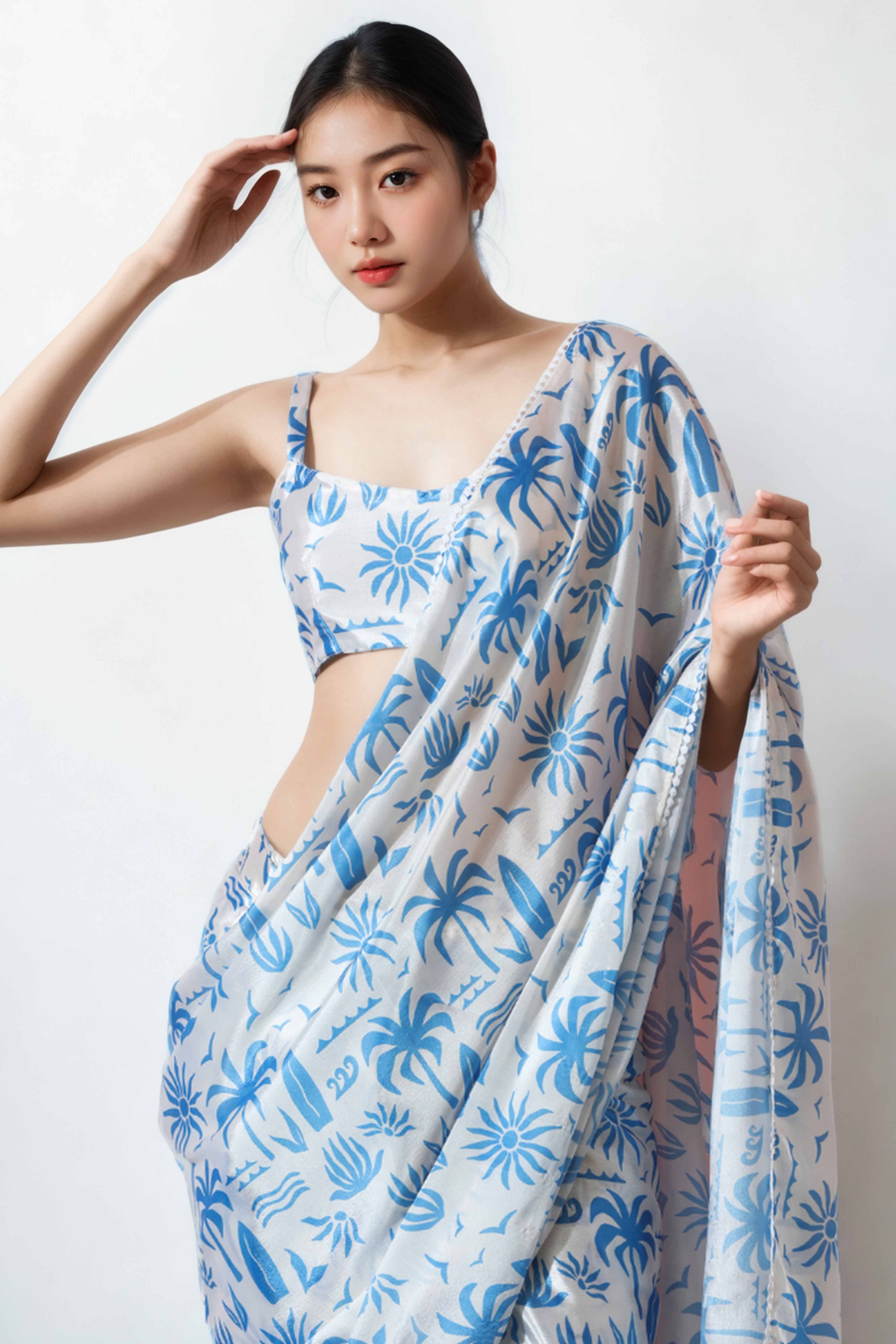 White & Blue Floral Digital Printed With Lace Border Pallu Chinon Ready To Wear Saree