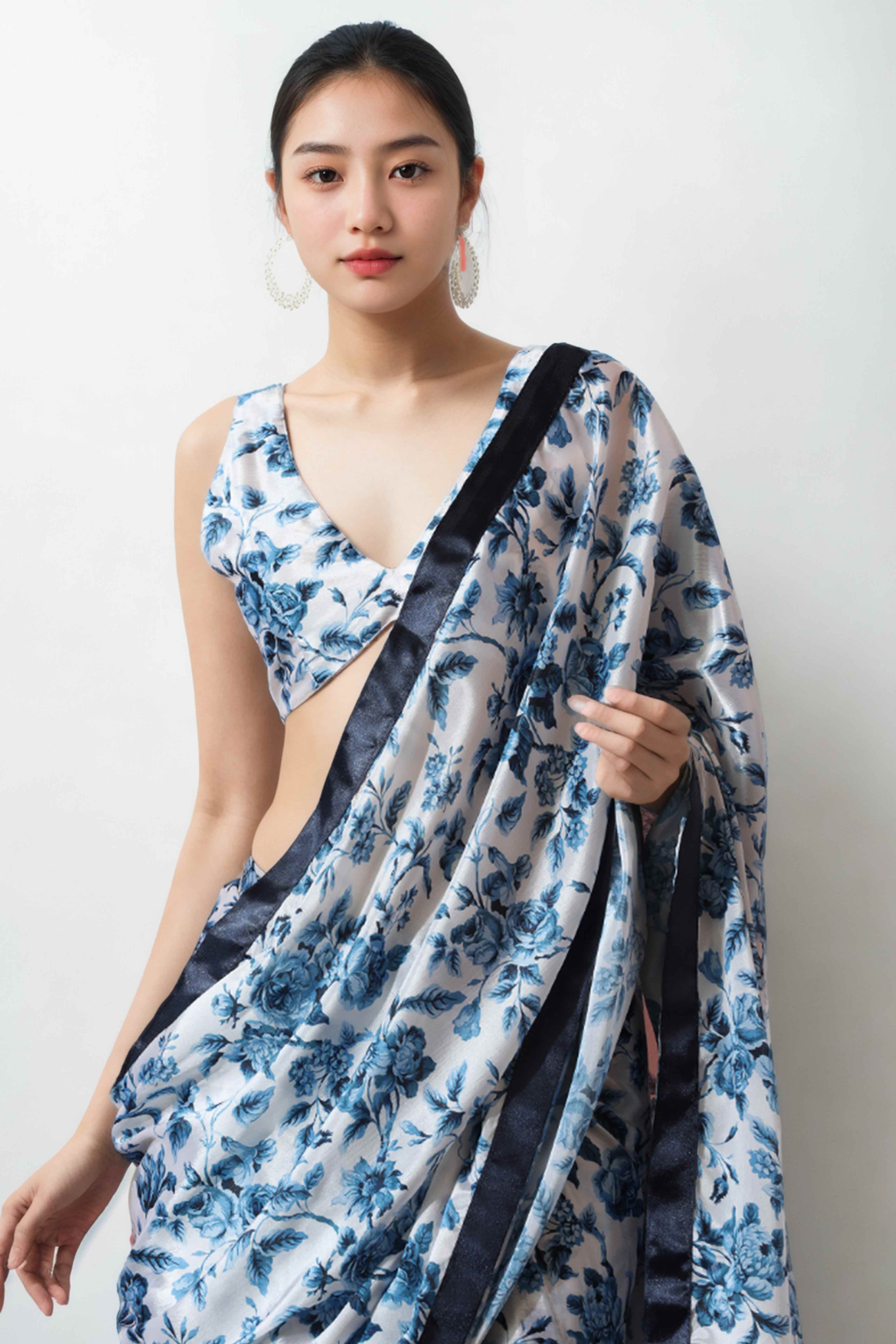 White & Blue Floral Digital Printed With Lace Border Pallu Chinon Ready To Wear Saree