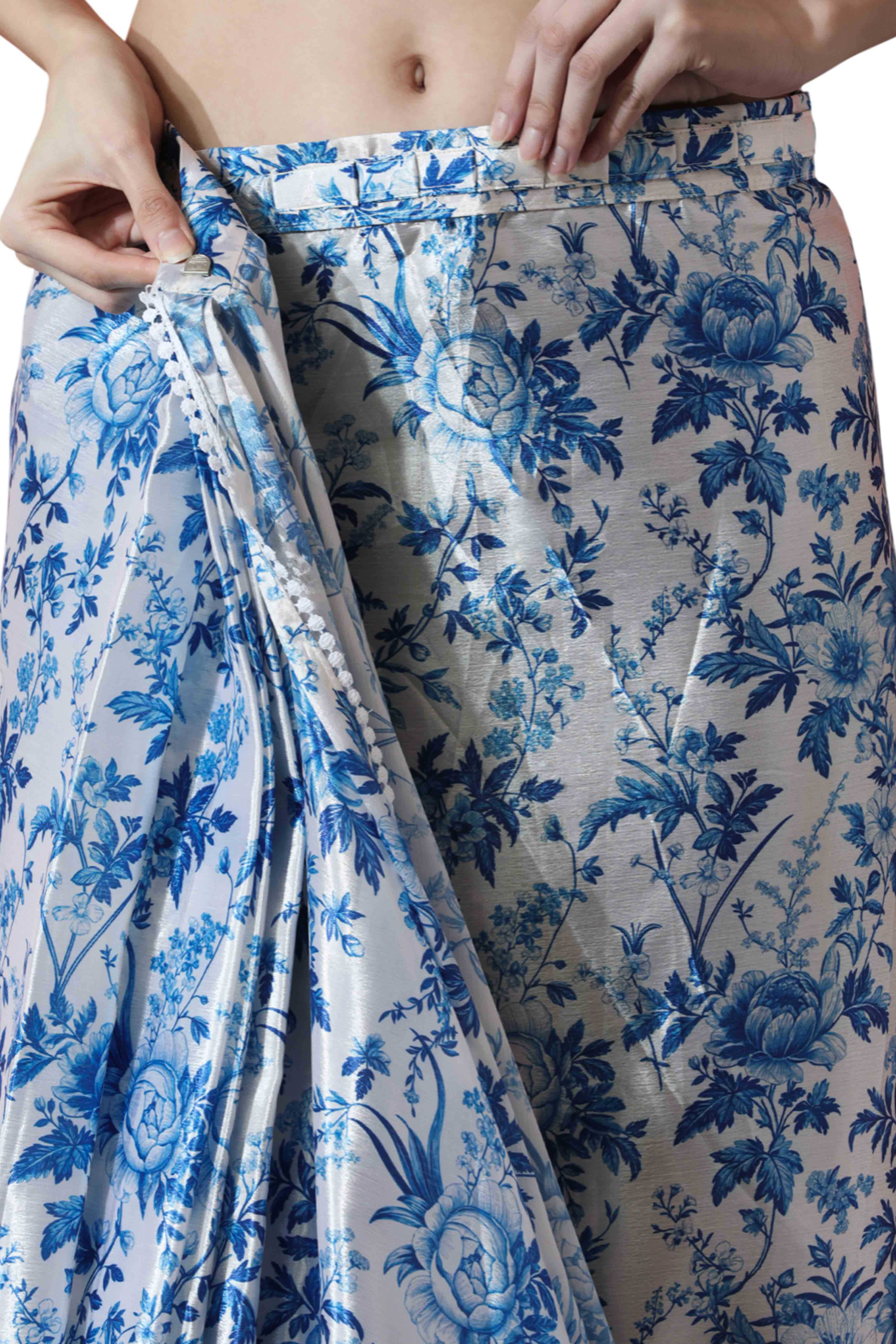 White & Blue Floral Digital Printed With Lace Border Pallu Chinon Ready To Wear Saree