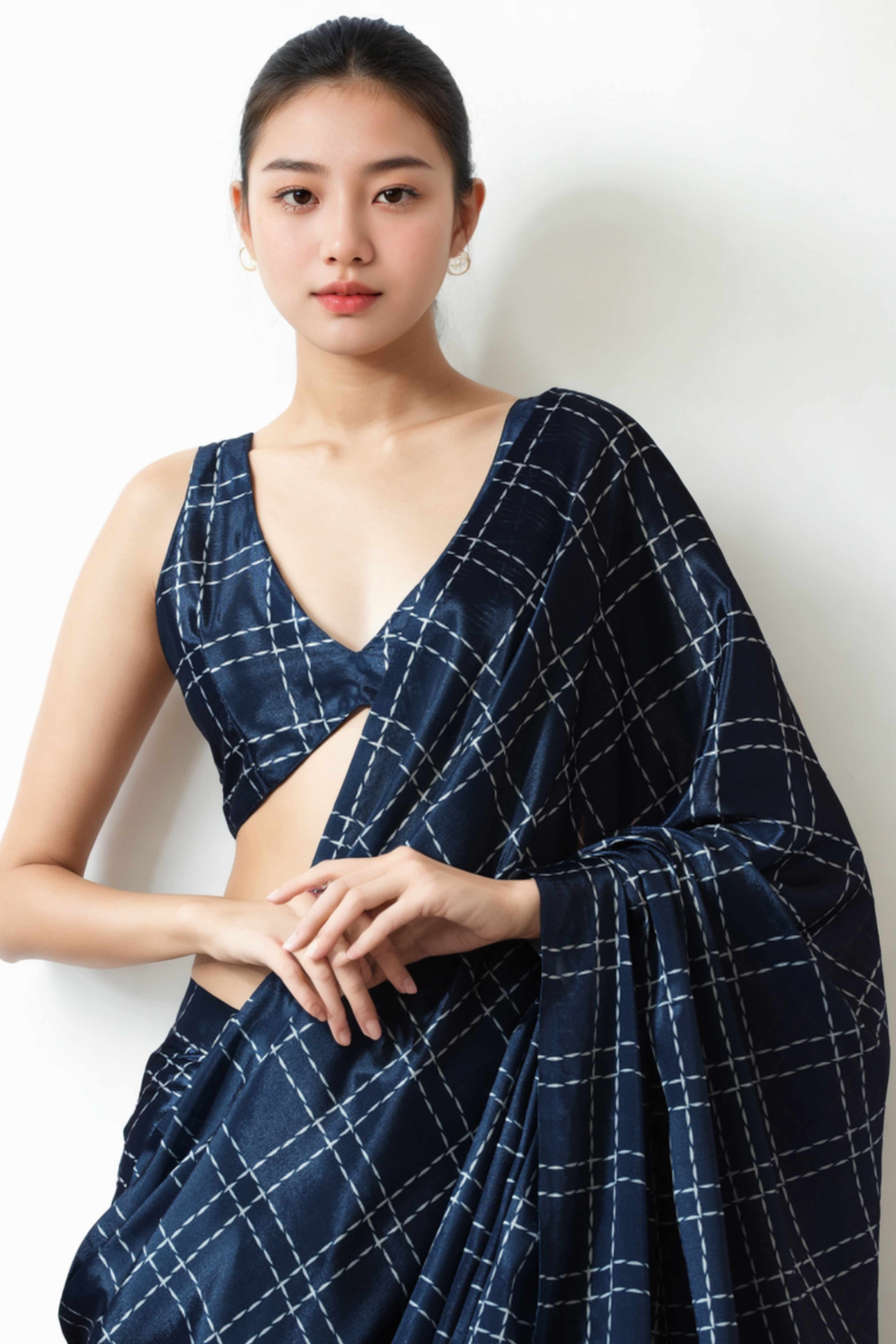 Navy Blue Digital Printed With Lace Border Pallu Chinon Ready To Wear Saree