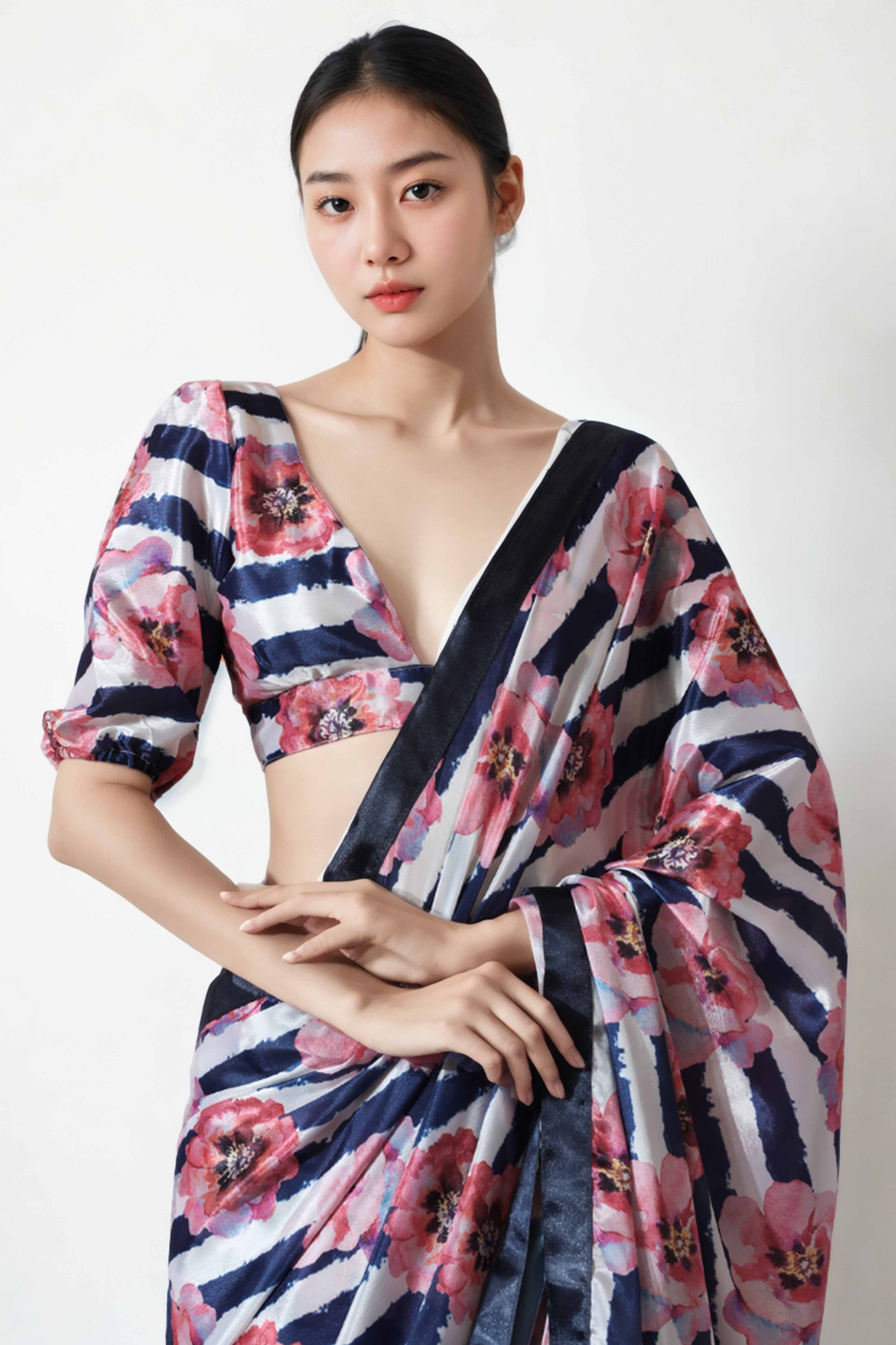 Multicolor Floral Digital Printed With Lace Border Pallu Chinon Ready To Wear Saree