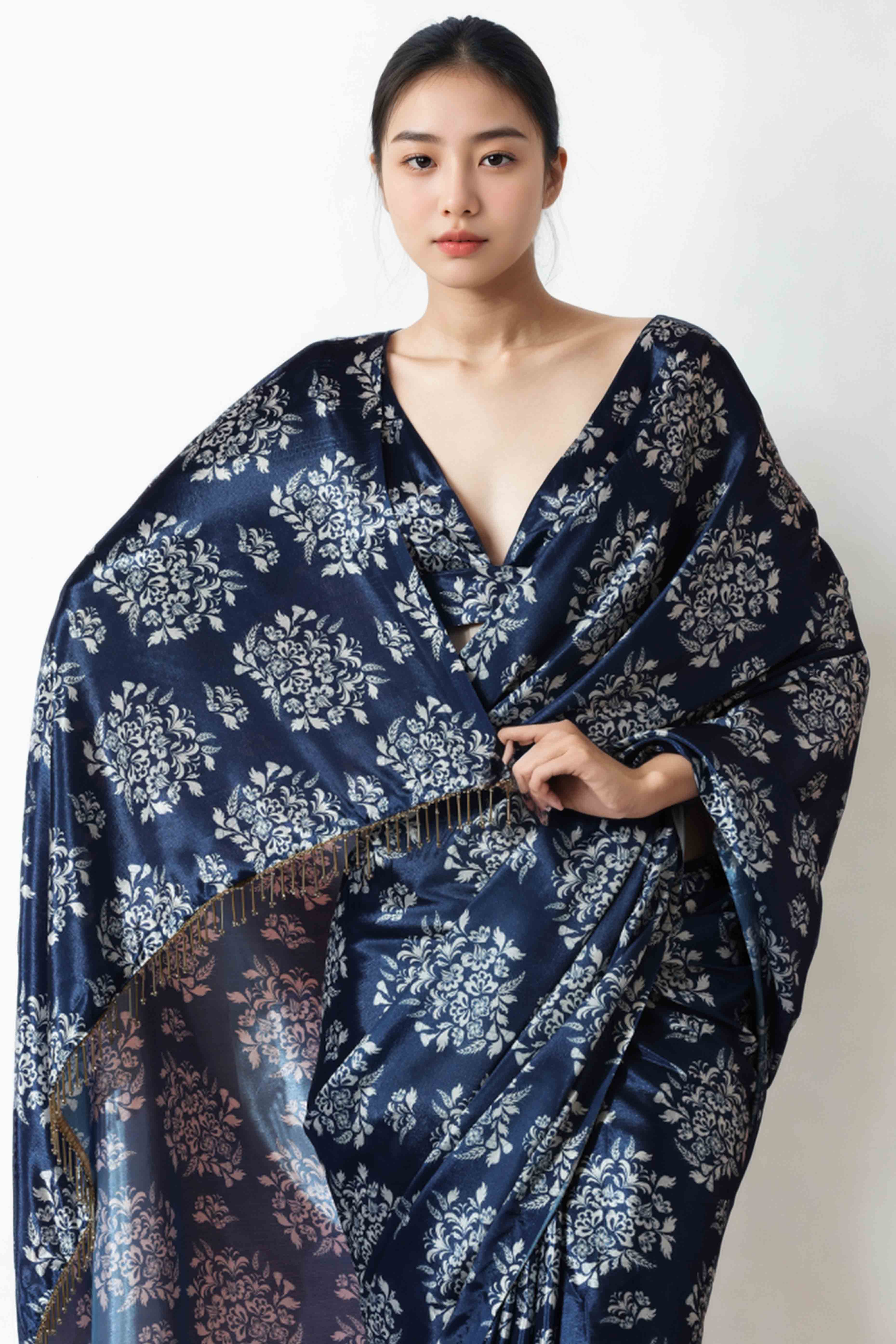 Navy Blue Floral Digital Printed With Lace Border Pallu Chinon Ready To Wear Saree