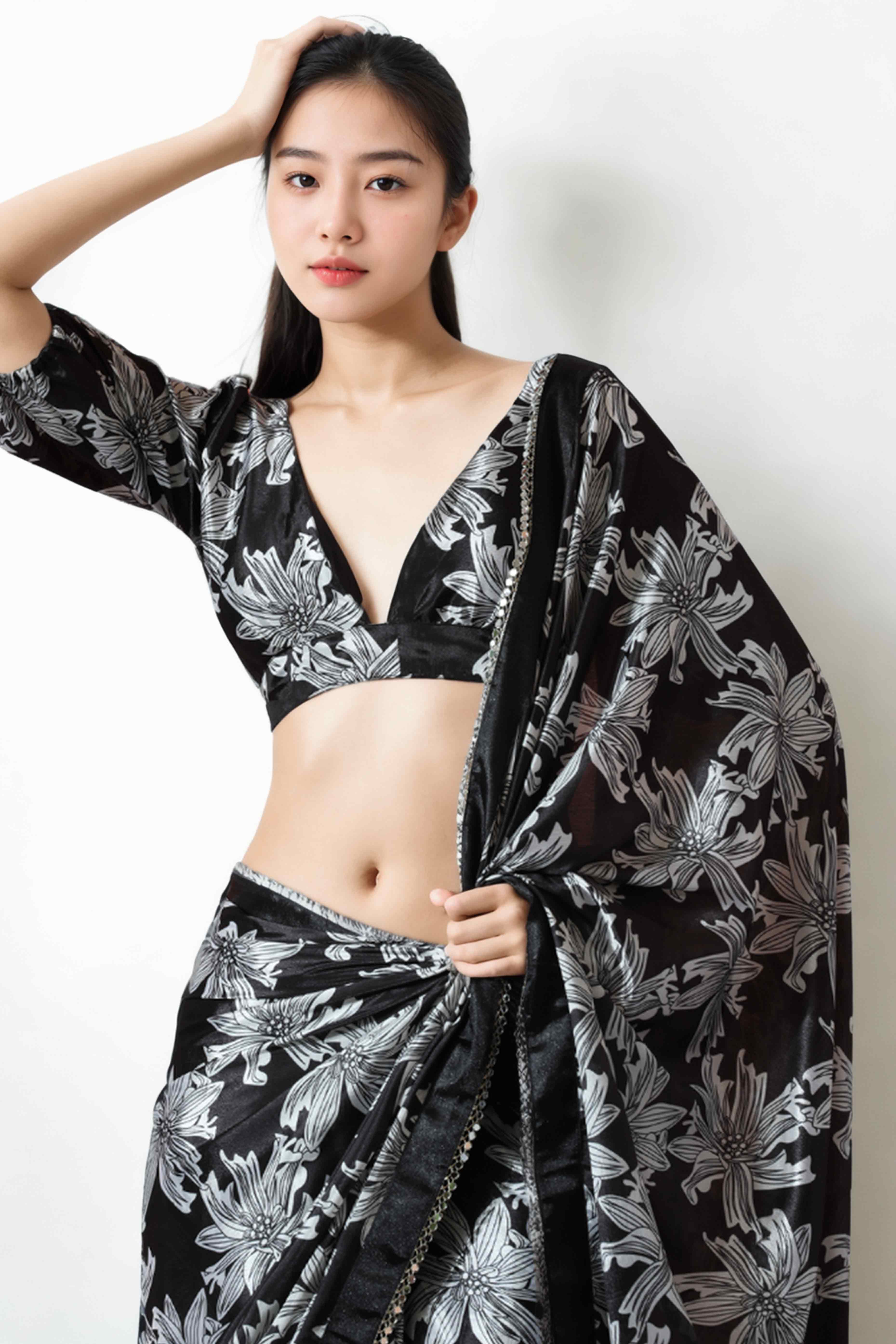 Black Floral Digital Printed With Lace Border Pallu Chinon Ready To Wear Saree