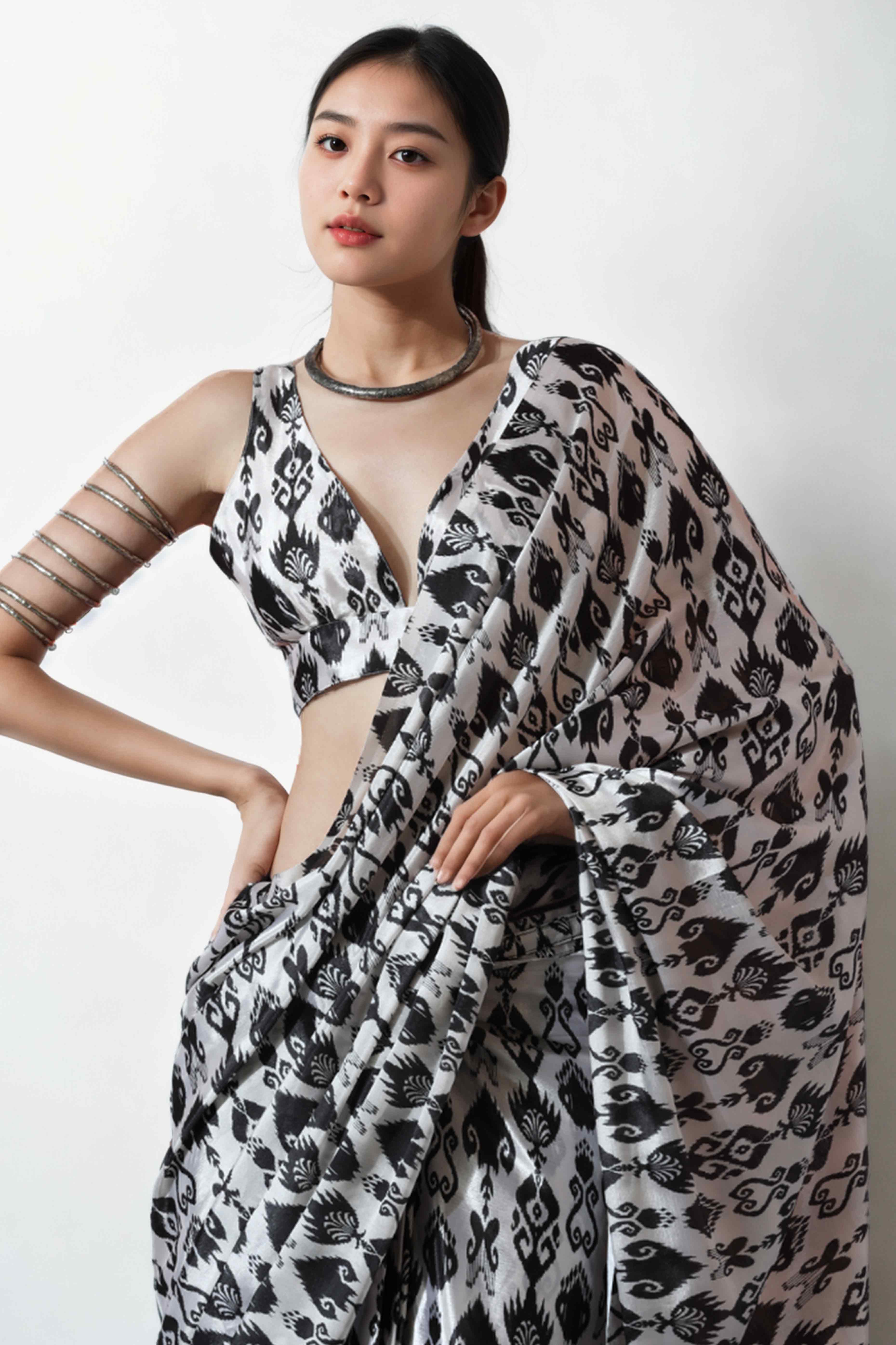 White & Black Digital Printed With Lace Border Pallu Chinon Ready To Wear Saree