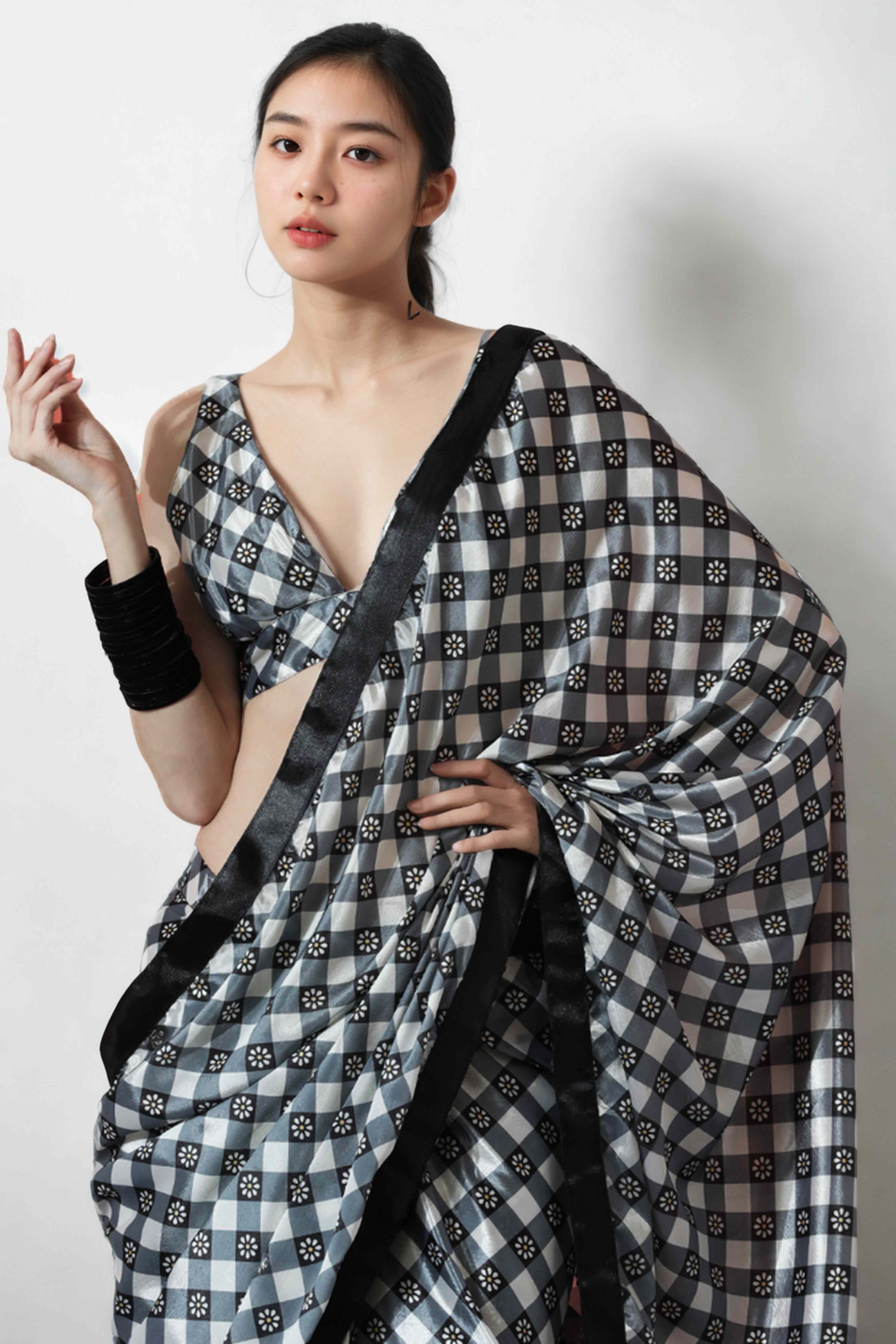 Grey & Black Floral Digital Printed With Lace Border Pallu Chinon Ready To Wear Saree
