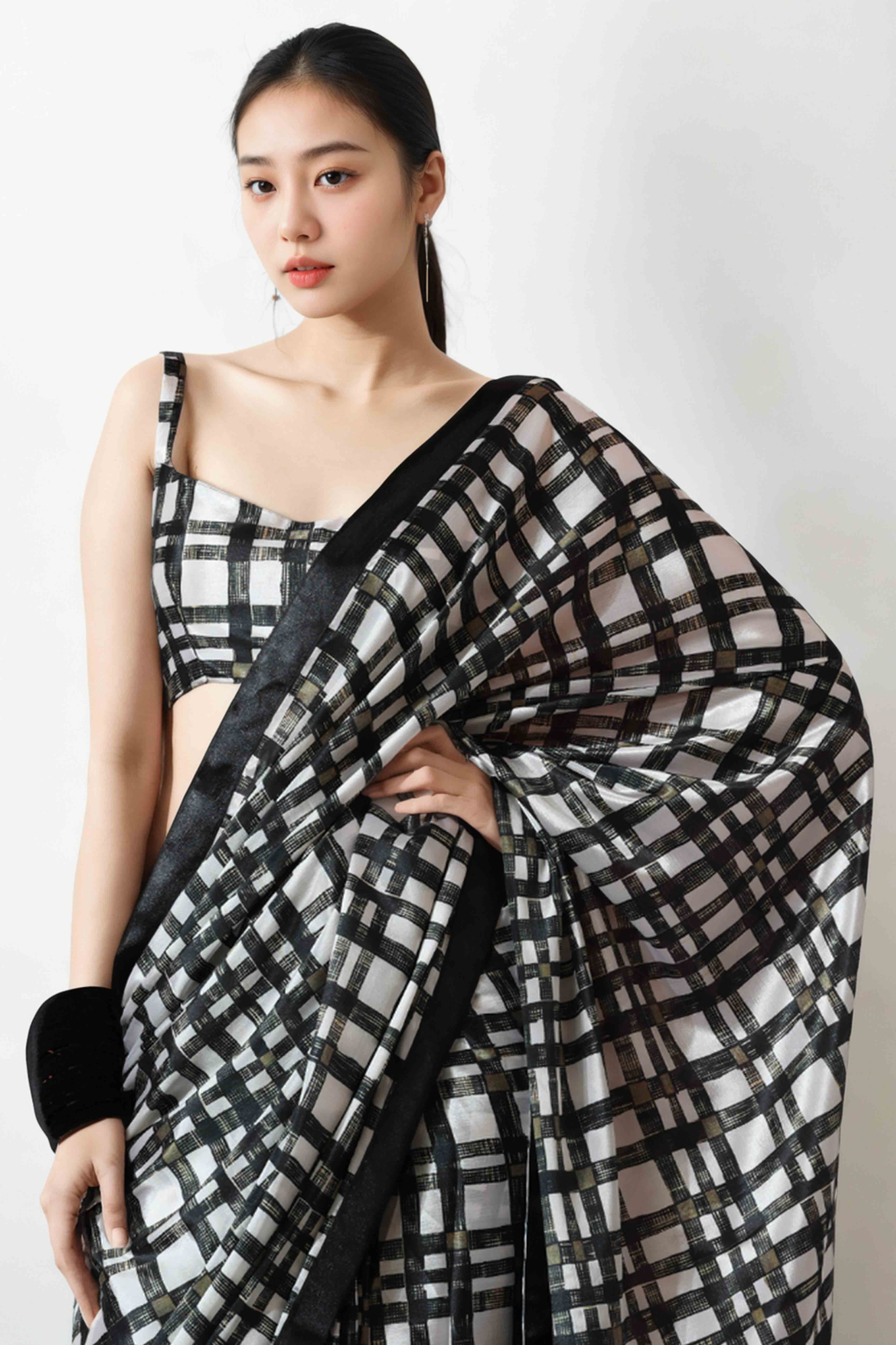 Black & White Checked Digital Printed With Lace Border Pallu Chinon Ready To Wear Saree