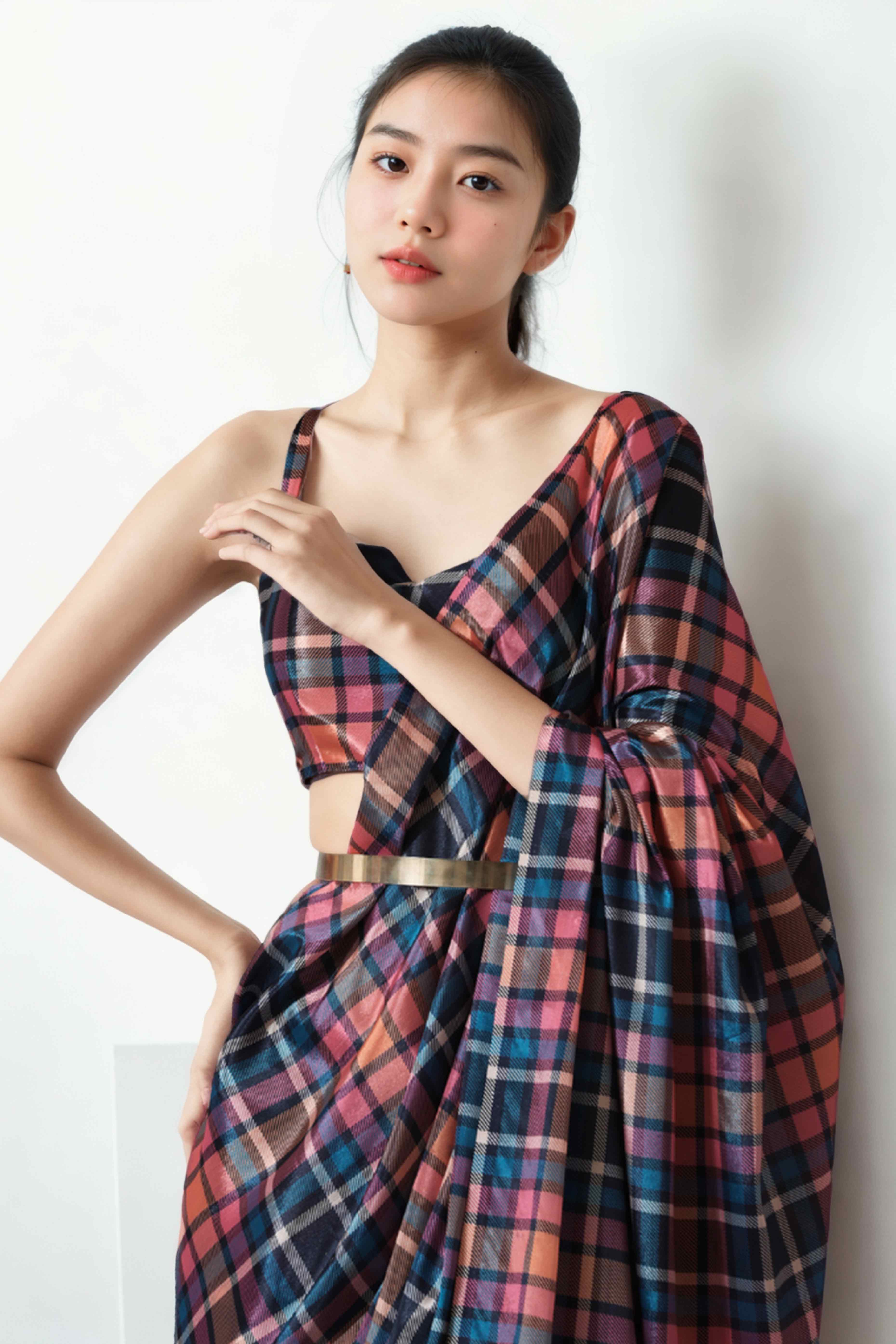 Multicolor Checked Digital Printed With Lace Border Pallu Chinon Ready To Wear Saree