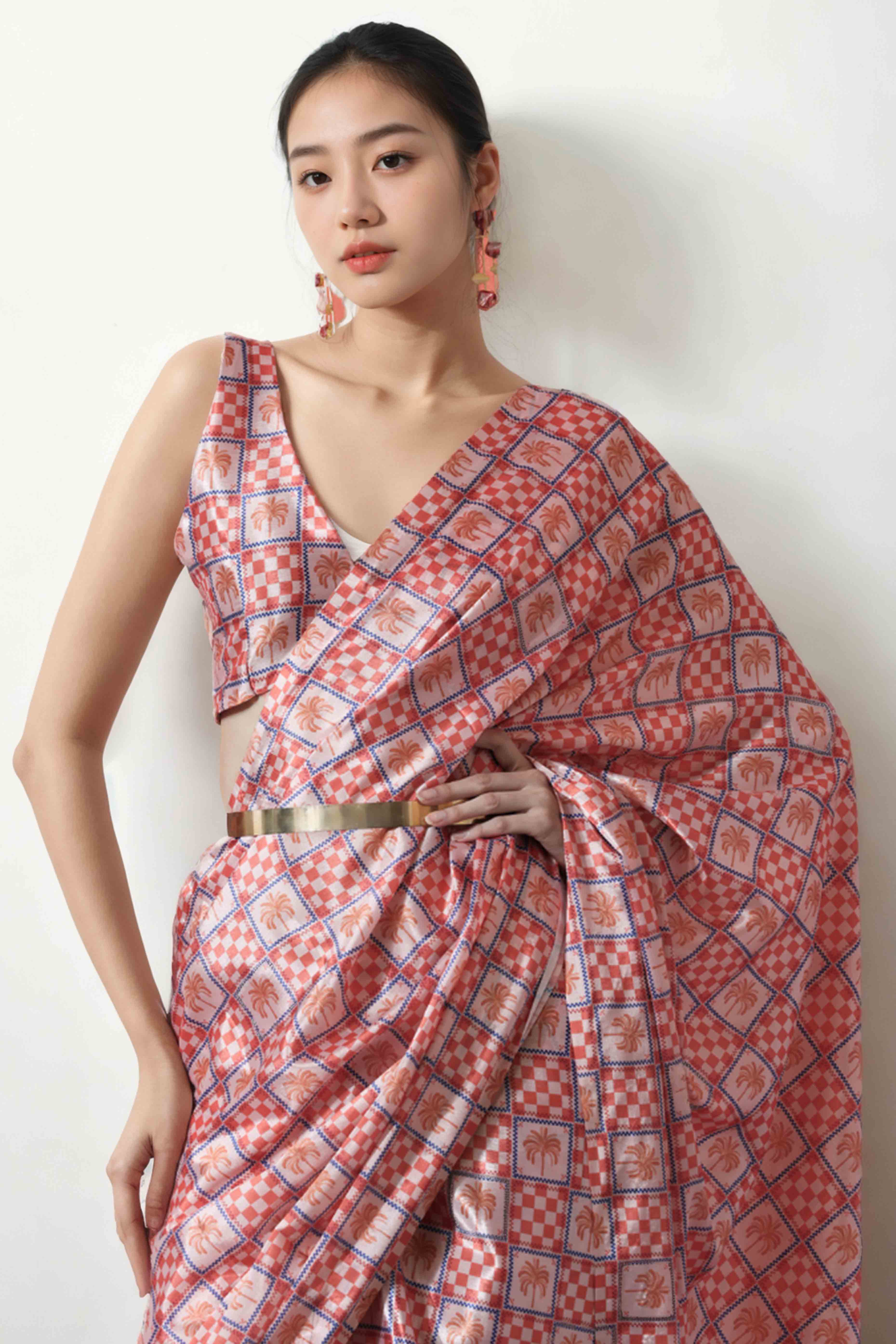 Peach Digital Printed With Lace Border Pallu Chinon Ready To Wear Saree