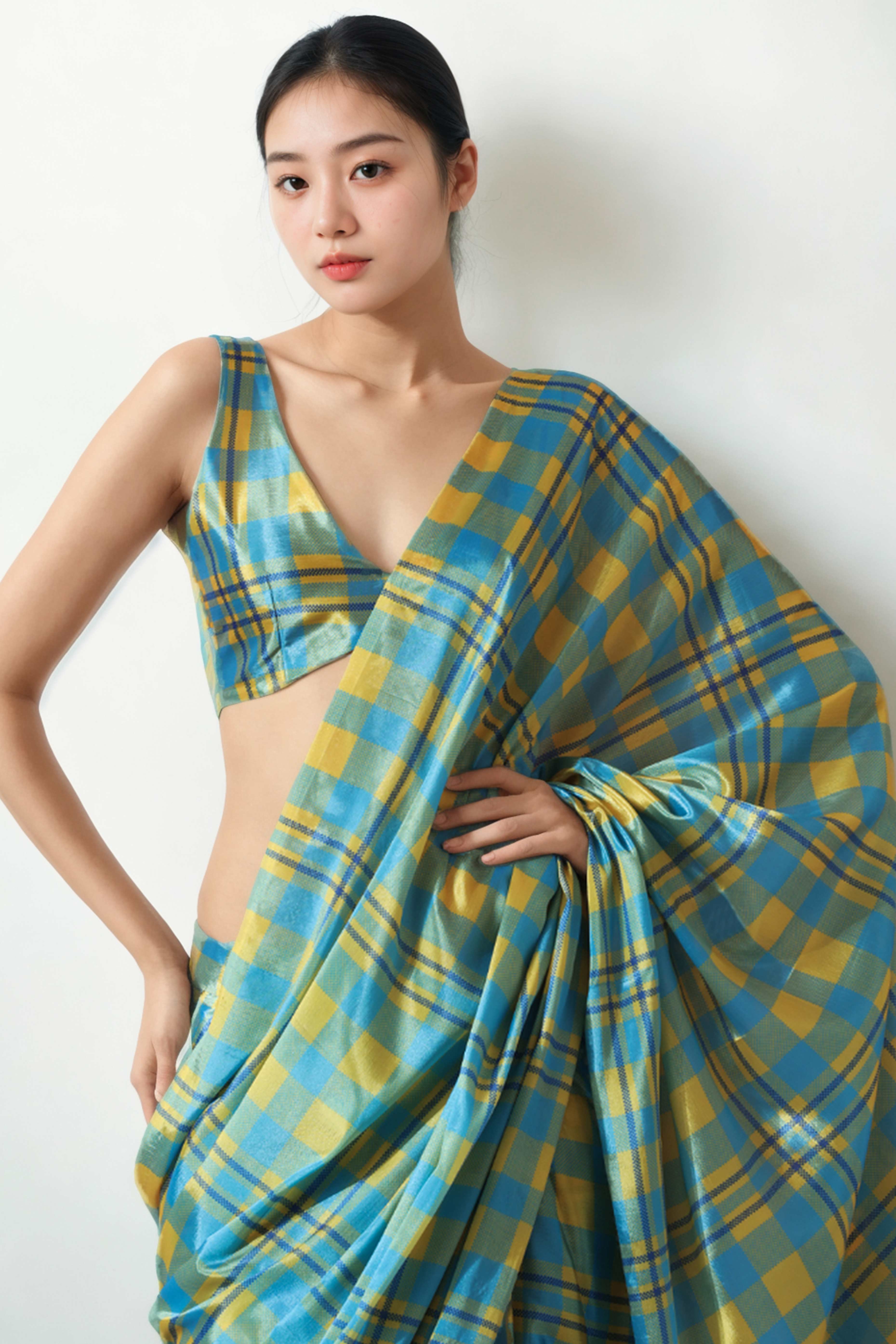 Blue Checks Digital Printed With Delicate Lace Border Pallu Chinon Ready To Wear Saree