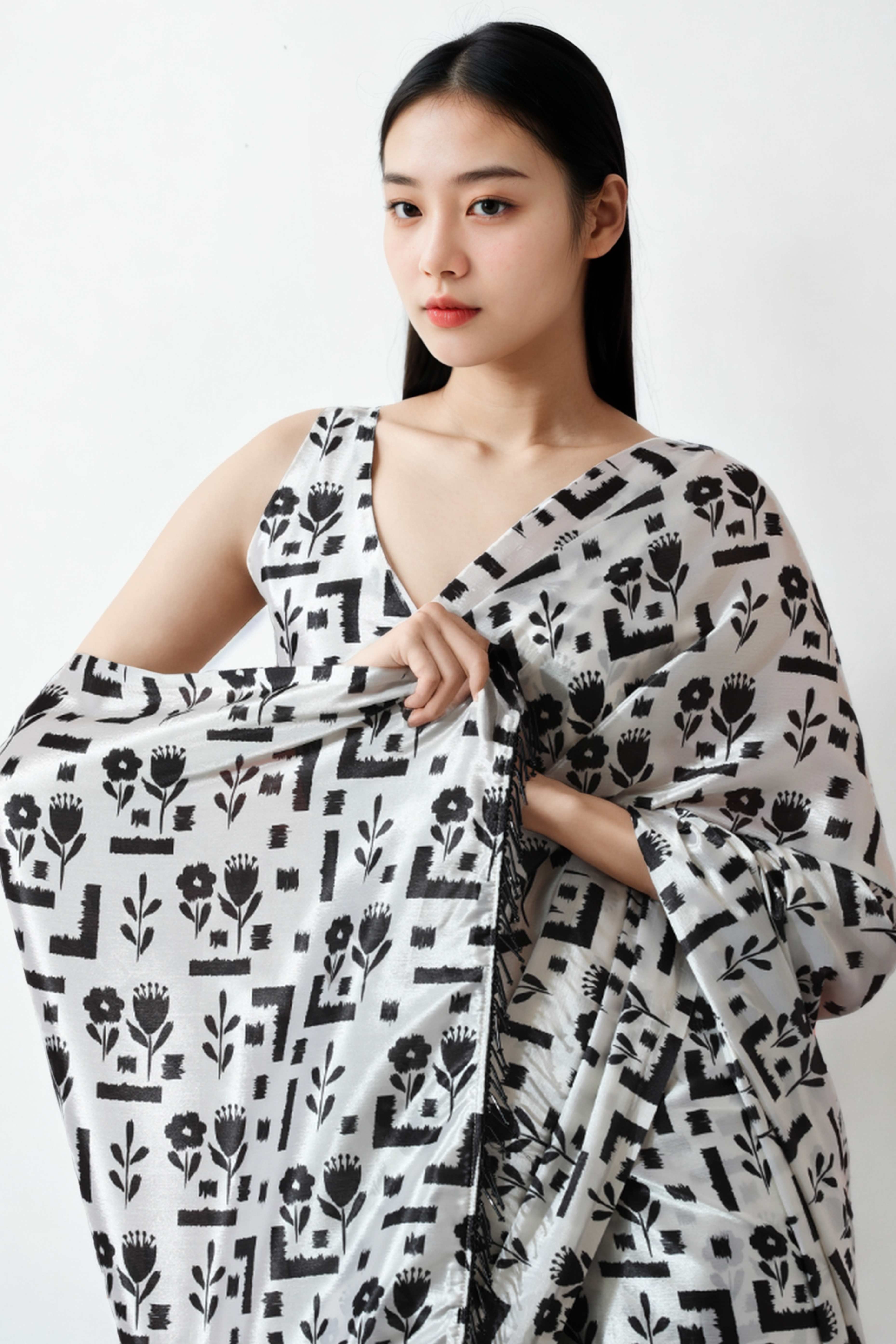 White & Black Floral Digital Printed With Intricate Lace Border Pallu Chinon Ready To Wear Saree