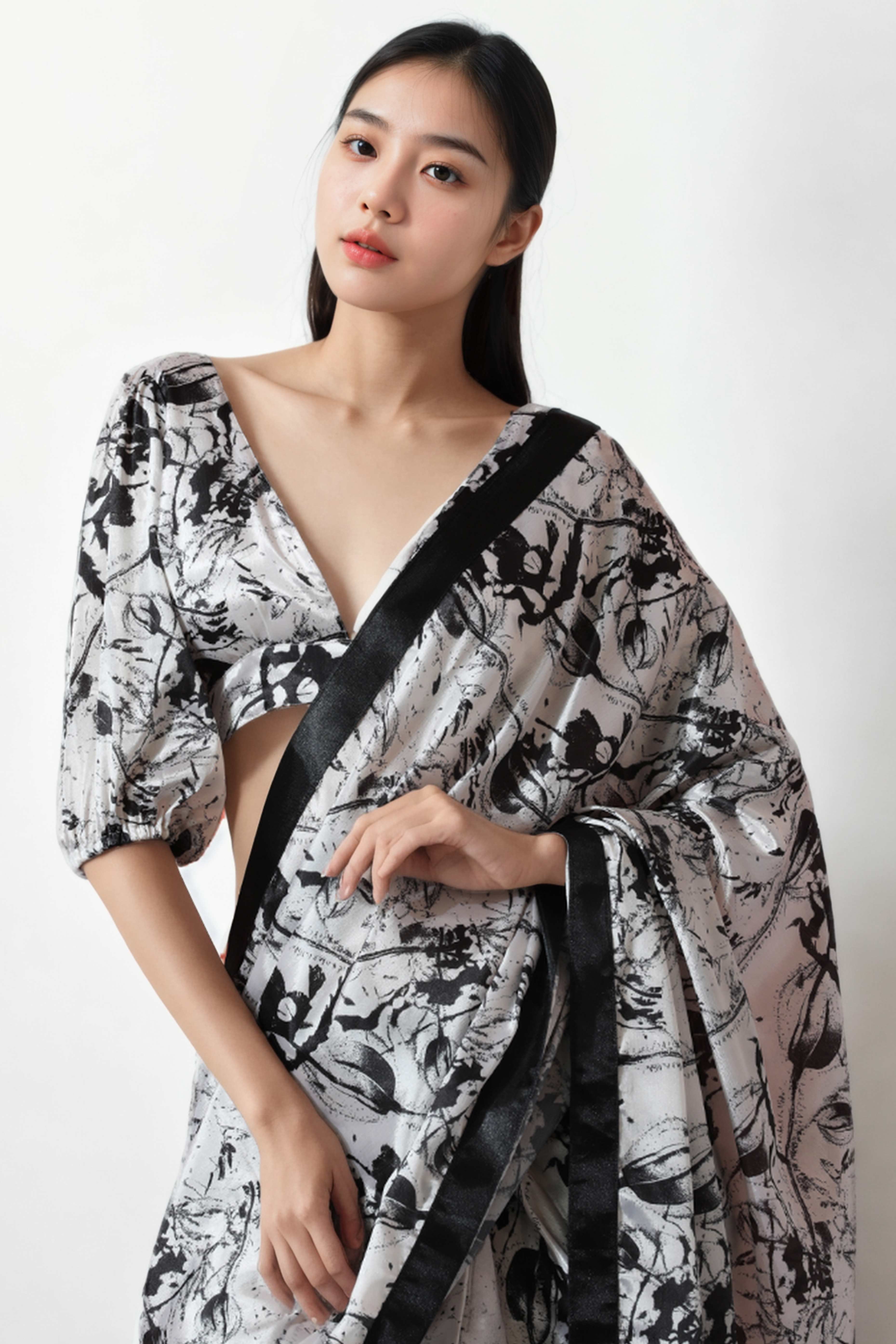 White & Black Digital Printed With Intricate Lace Border Pallu Chinon Ready To Wear Saree