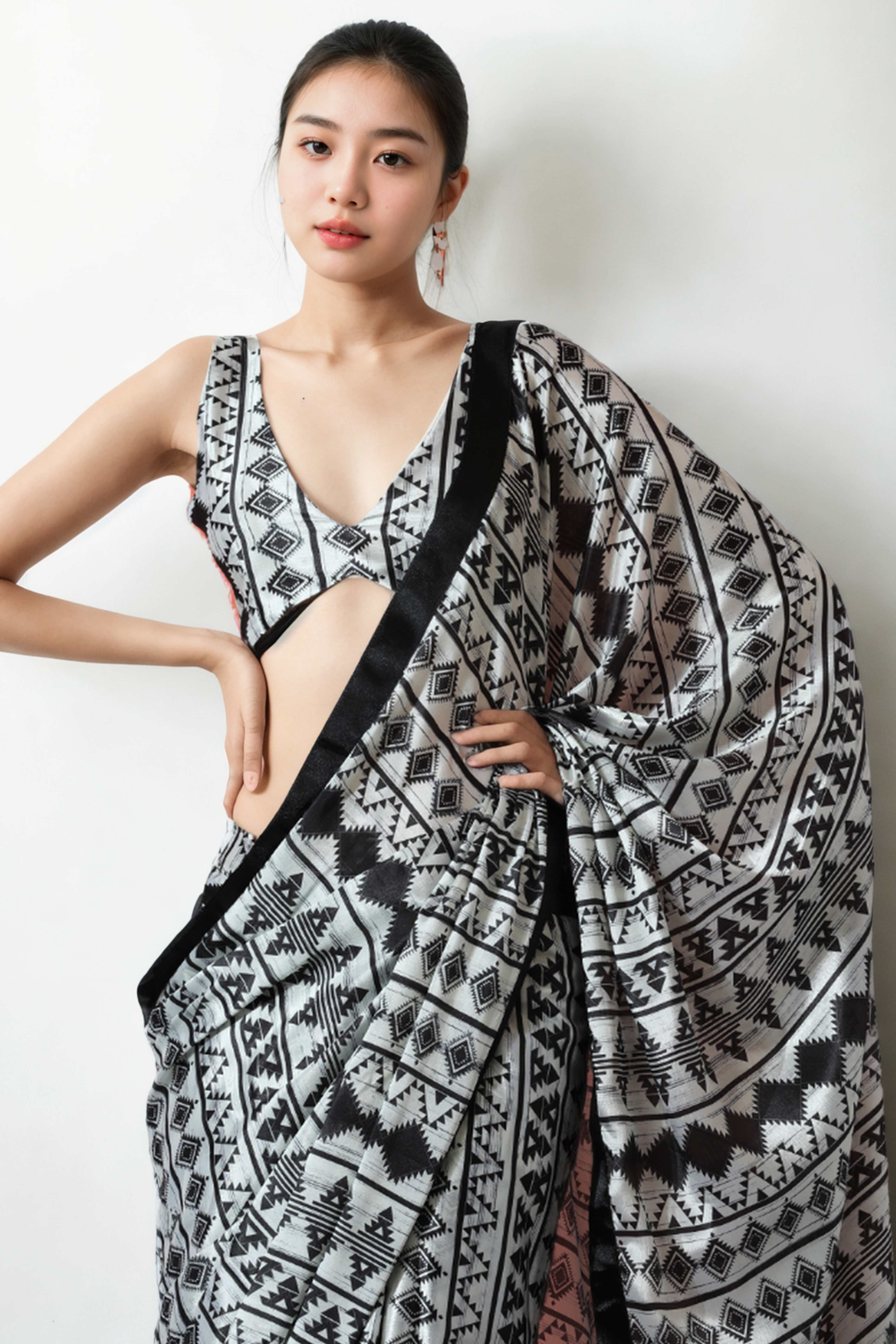 White & Black Geometric Digital Printed With Intricate Lace Border Pallu Chinon Ready To Wear Saree