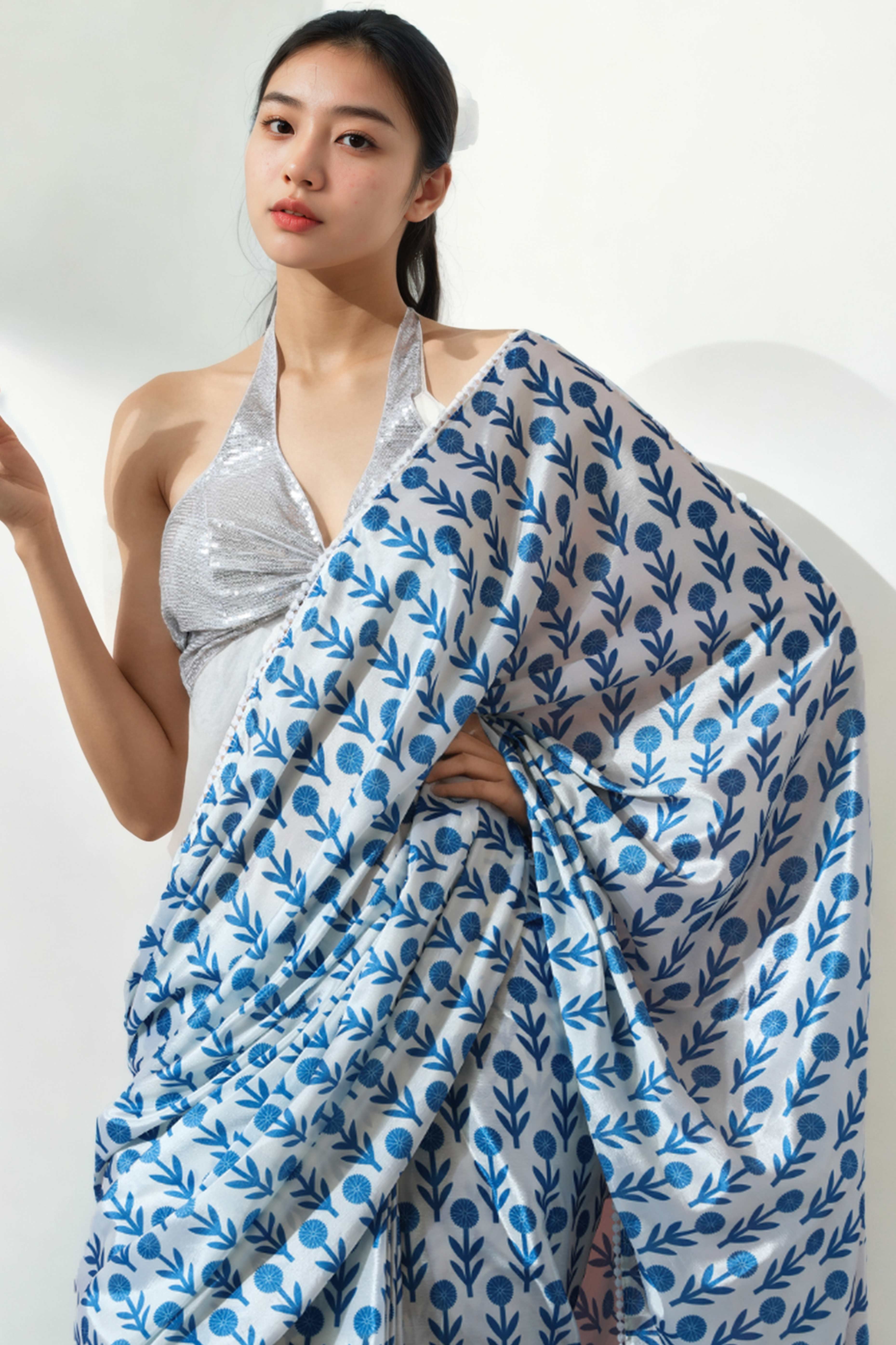 White & Blue Floral Digital Printed With Intricate Lace Border Pallu Chinon Ready To Wear Saree