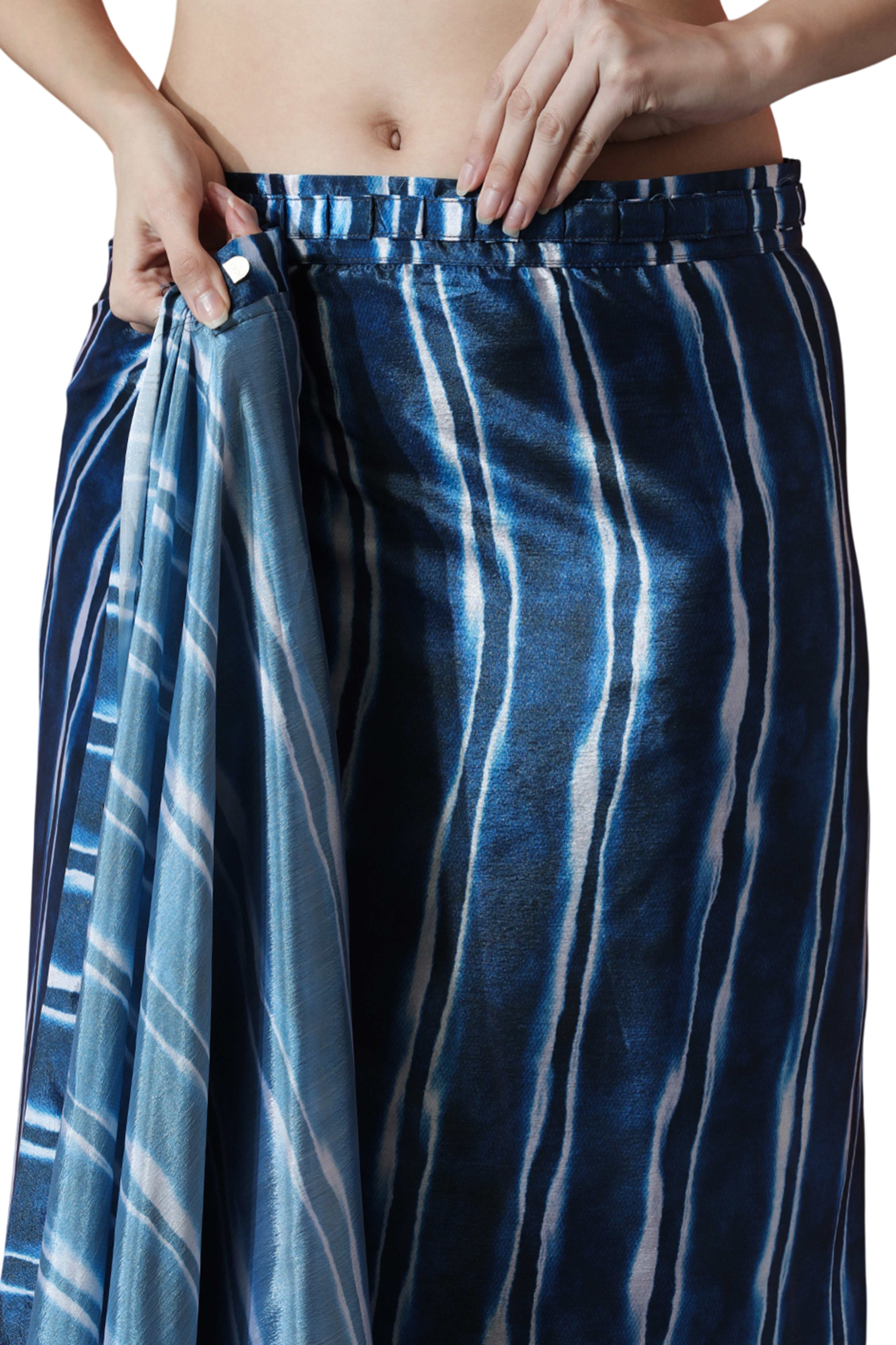 Blue Striped Digital Printed With Delicate Lace Border Pallu Chinon Ready To Wear Saree