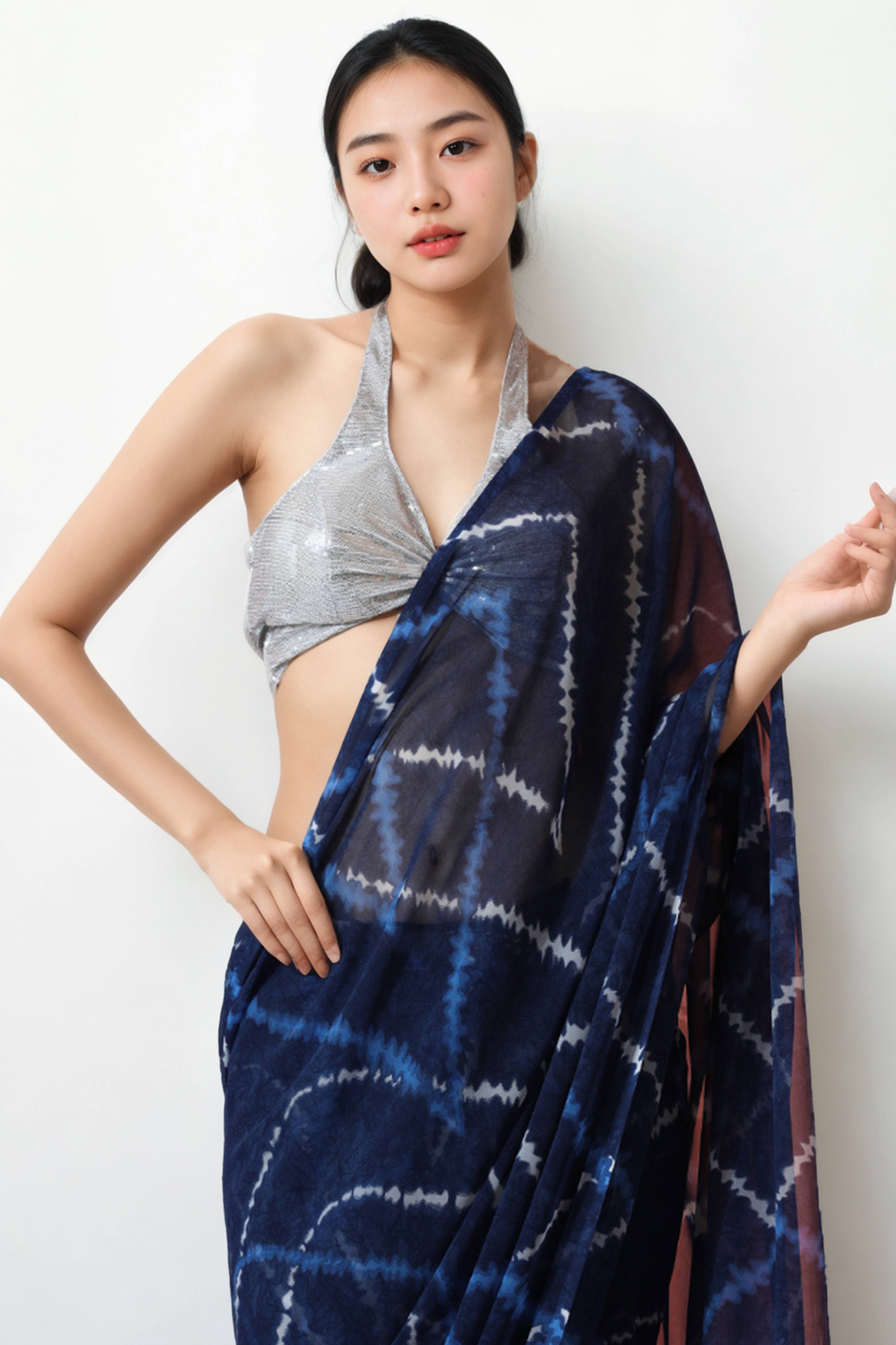 Navy Blue Printed Marbel Chiffon Ready To Wear Saree