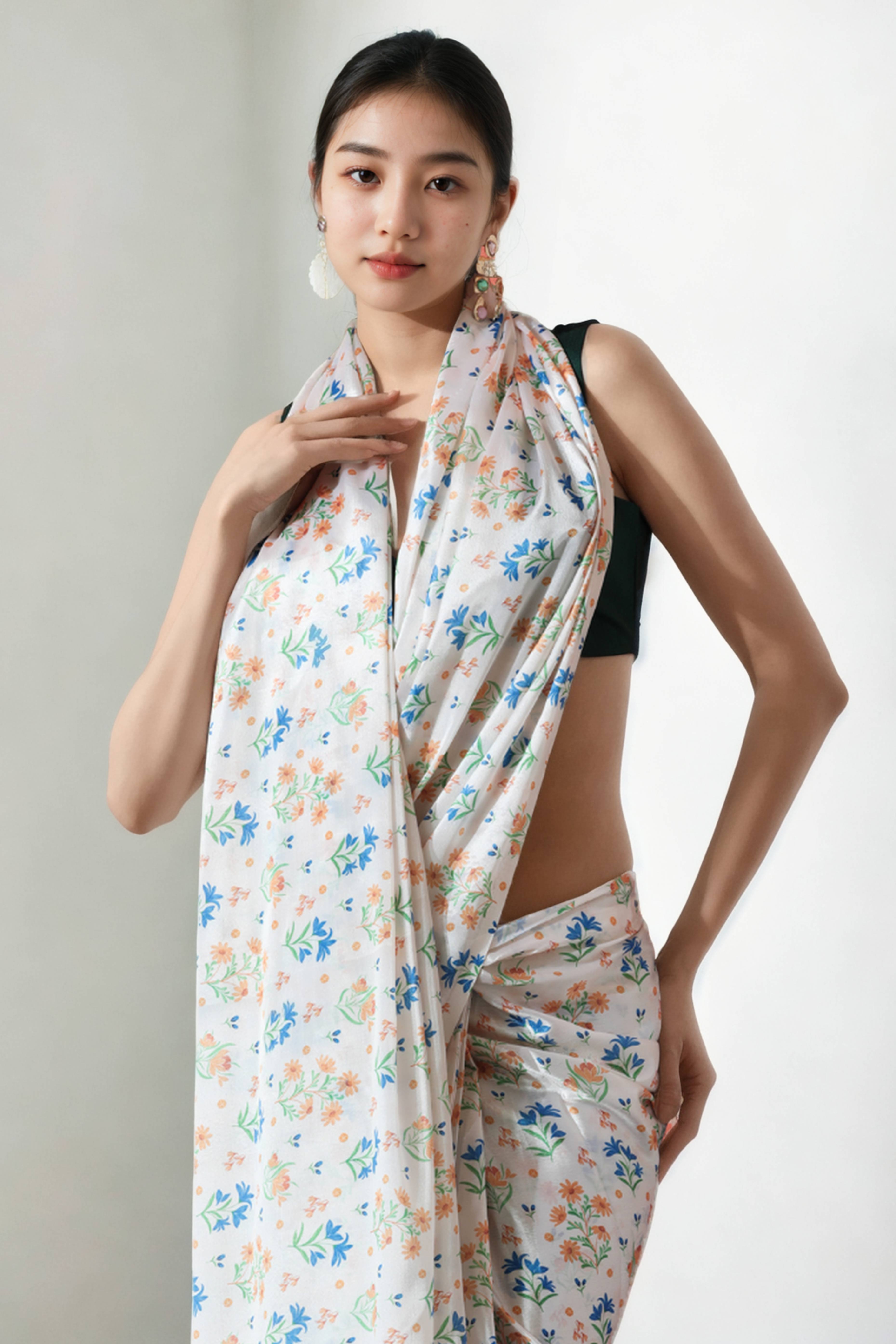 Offwhite Floral Digital Printed With Delicate Lace Border Pallu Chinon Ready To Wear Saree