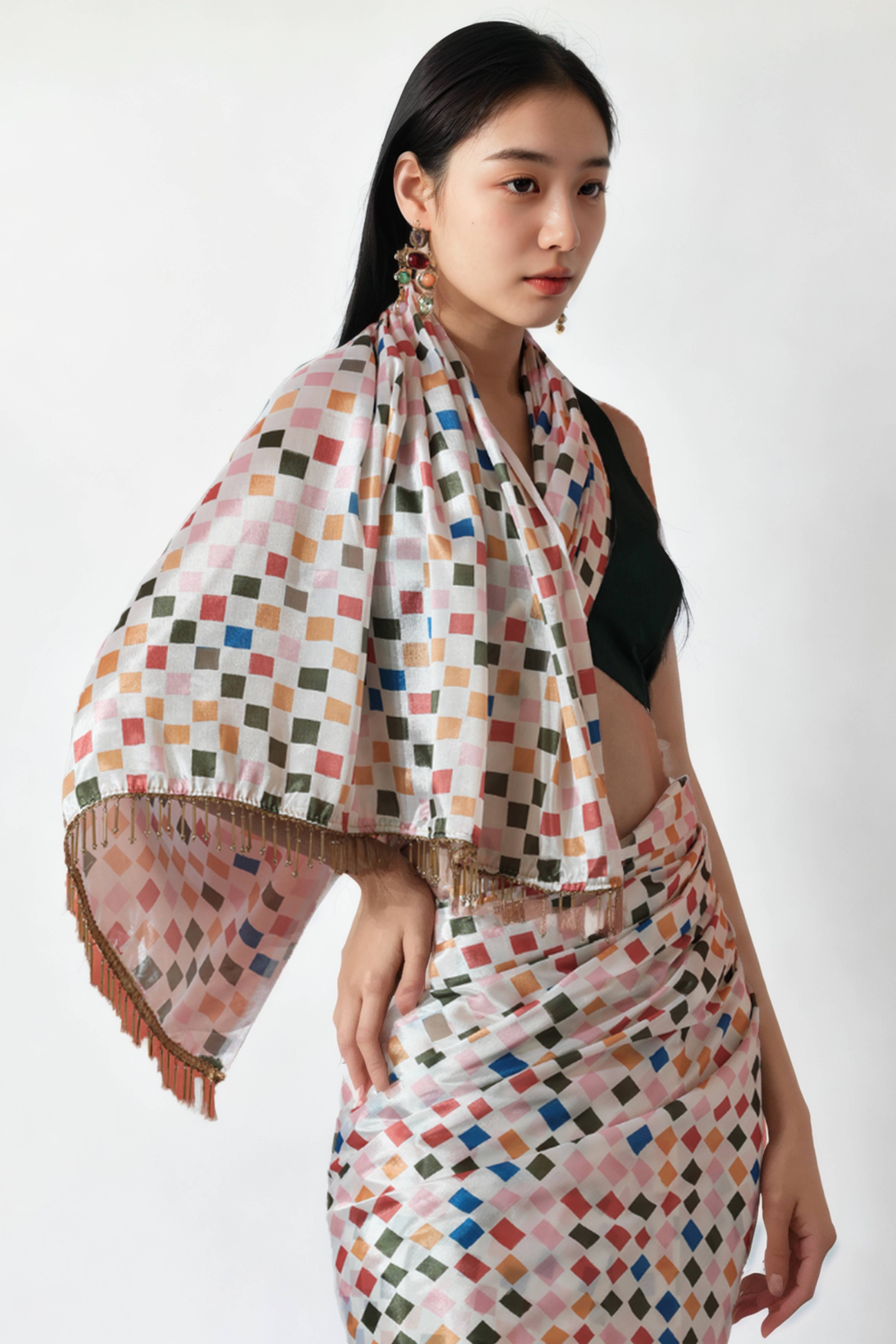 Multicolor Digital Printed With Delicate Lace Border Pallu Chinon Ready To Wear Saree