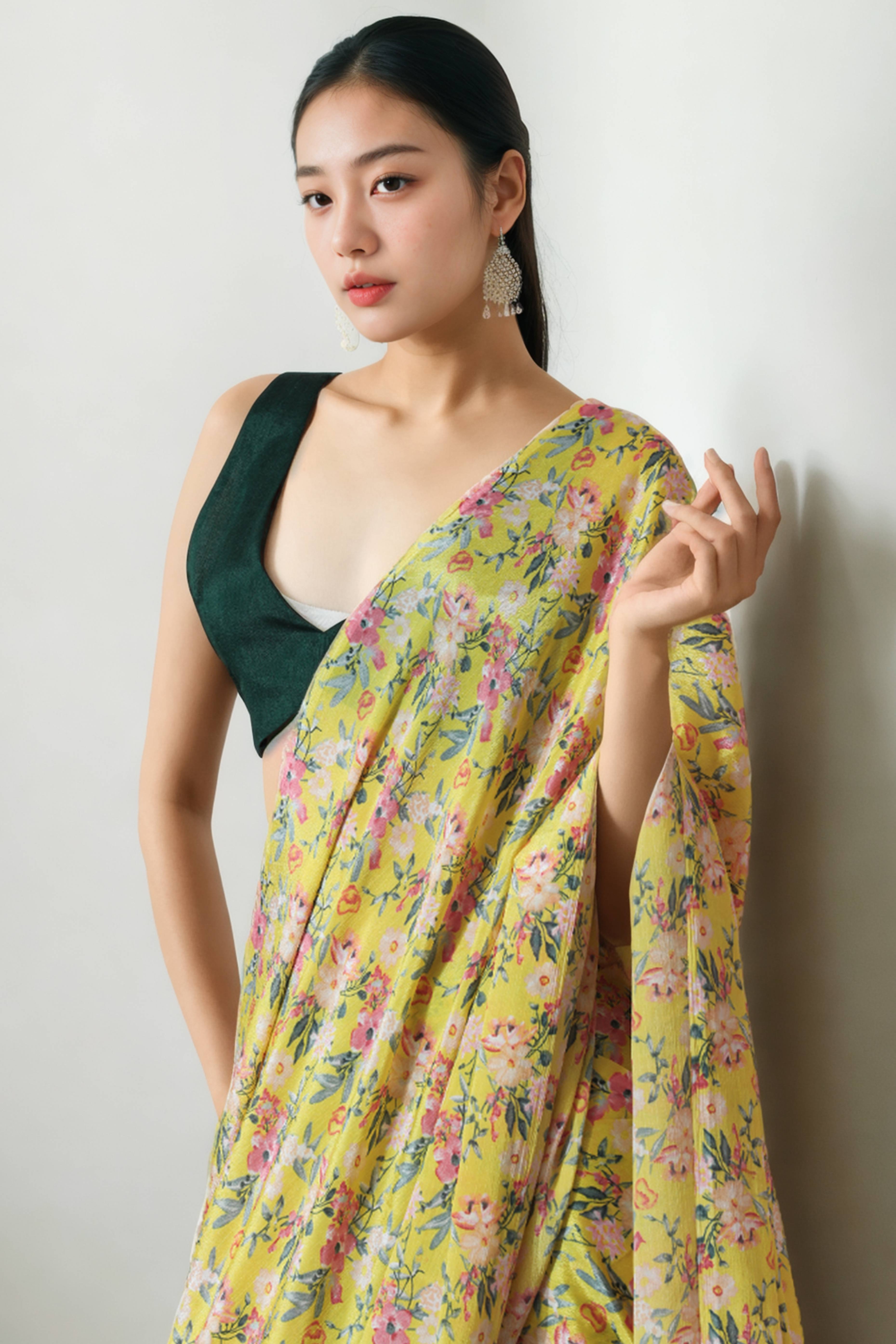 Lemon Yellow Floral Digital Printed Chinon Ready To Wear Saree