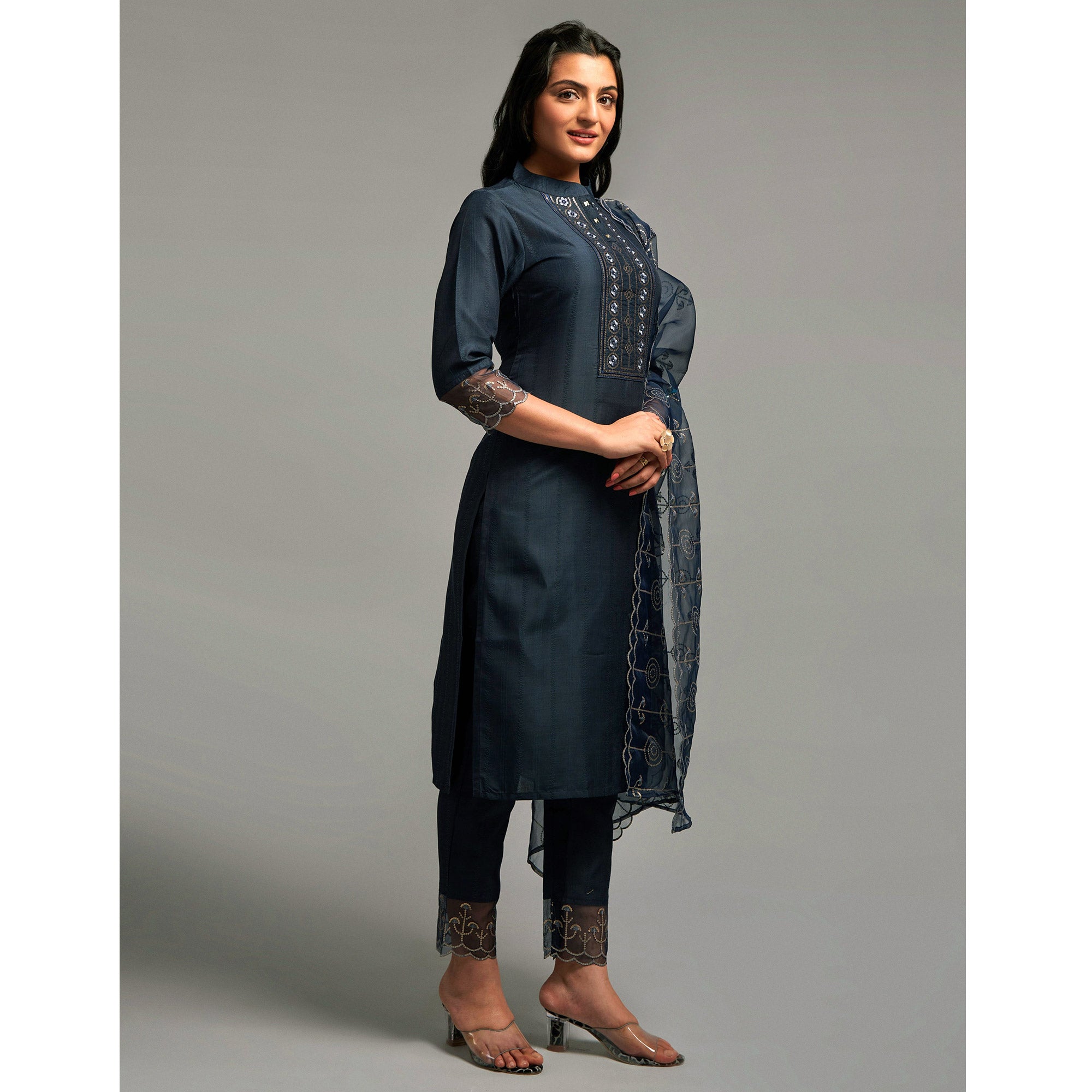 Blue Embroidered Chinon Kurti Sets