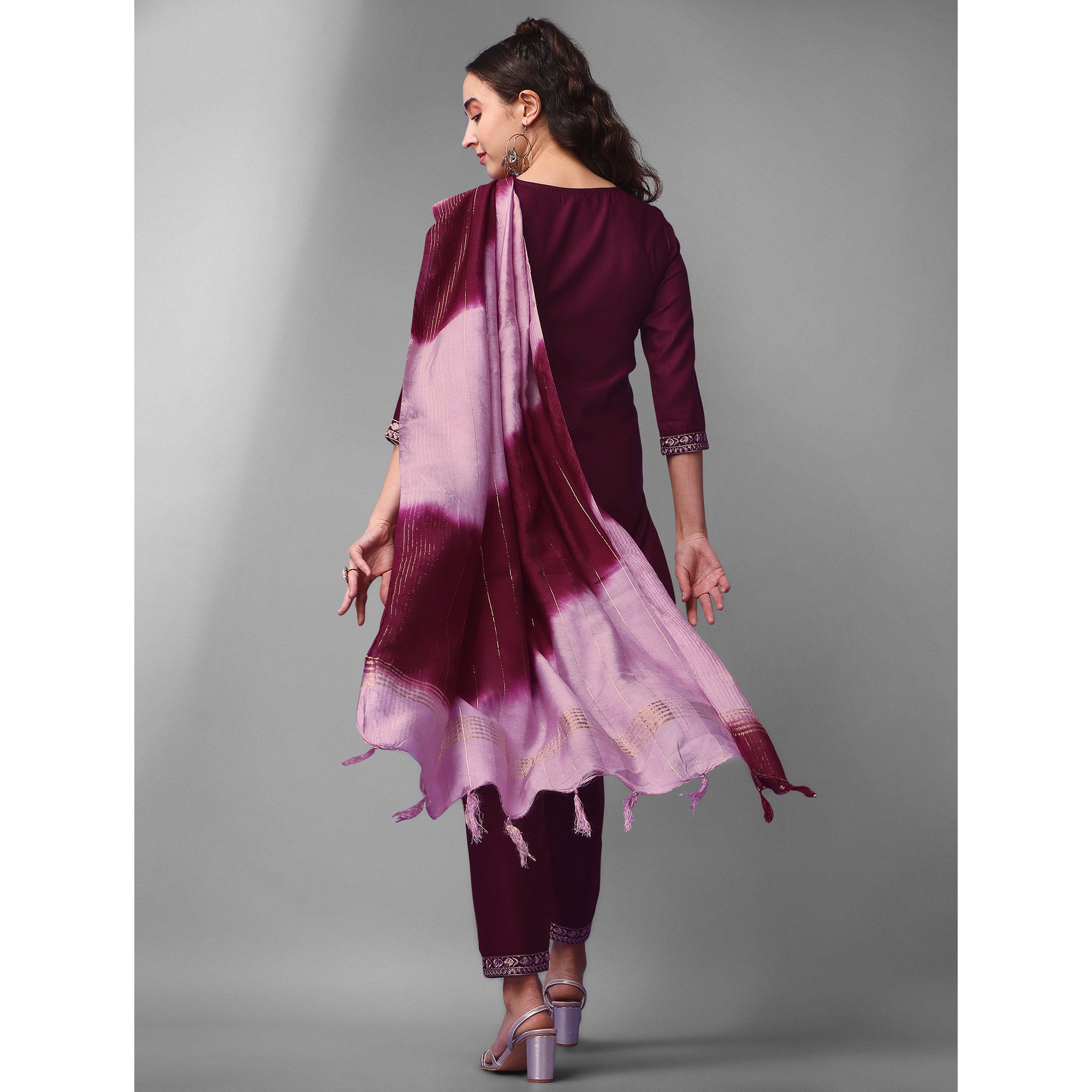 Wine Embroidered Rayon Kurti Sets