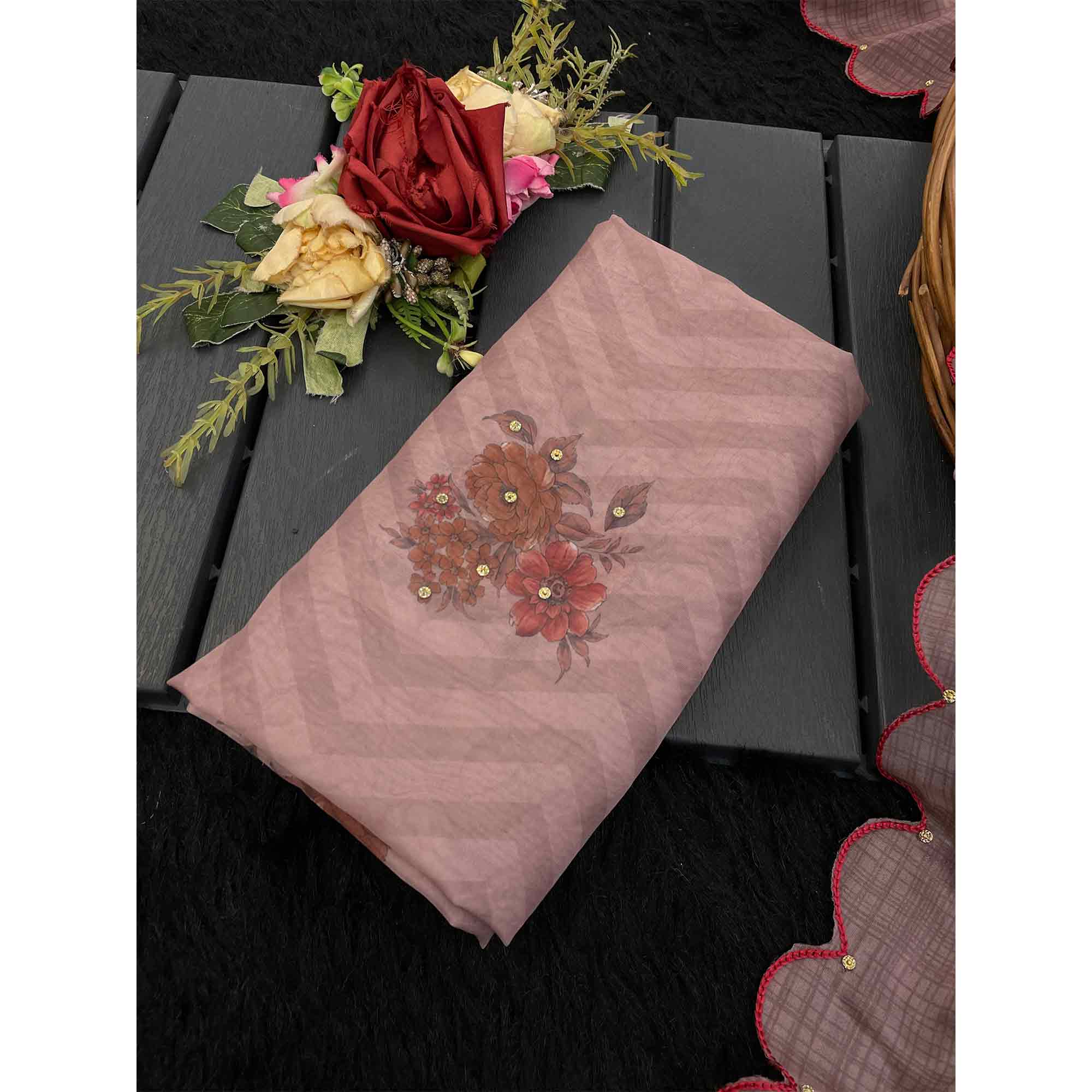 Designer Dusty Pink Tabby Organza Saree with Floral Patterns and Intricate Handcrafted Details