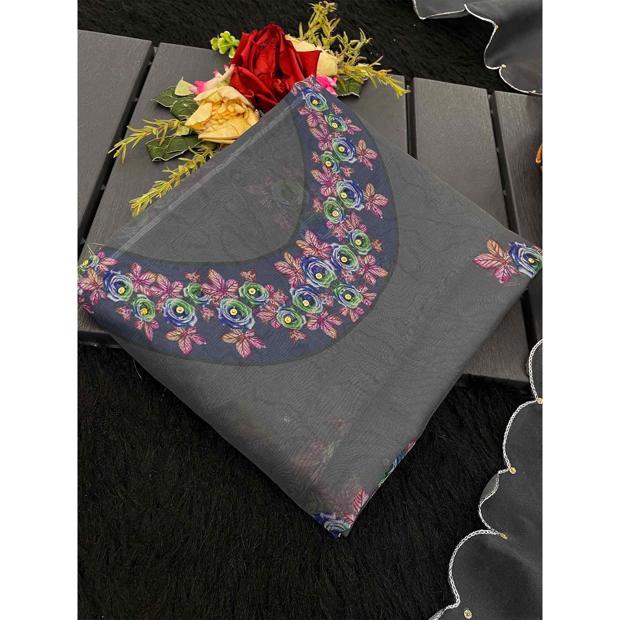 Festive Grey Floral Printed Tabby Organza Saree with Elegant Handwork Embroidery
