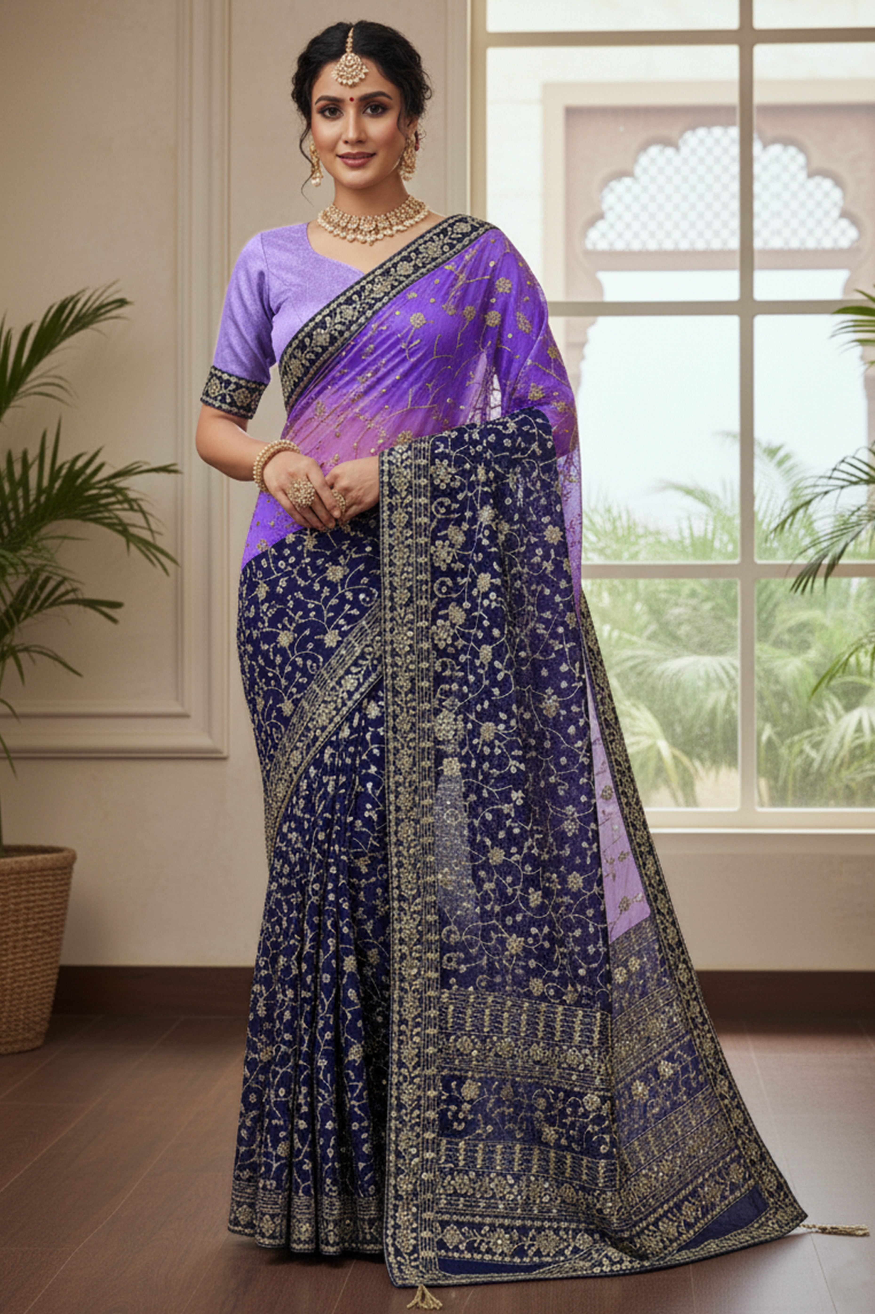 Beautiful Lavender Partywear Saree Crafted in Georgette with Sequins and Thread Work