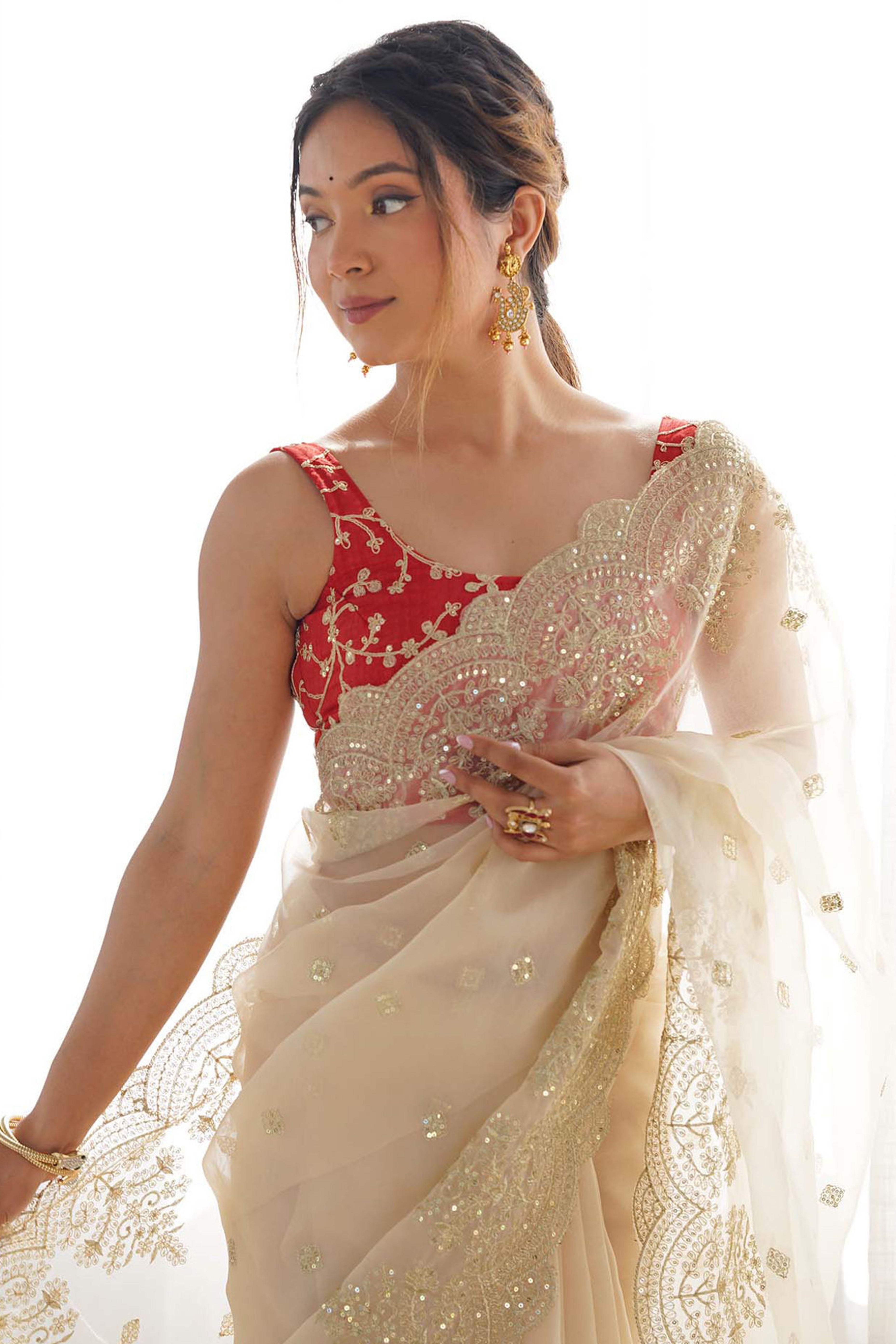 Luxury Cream Pure Organza Saree with Sequins Work for Festive Celebrations