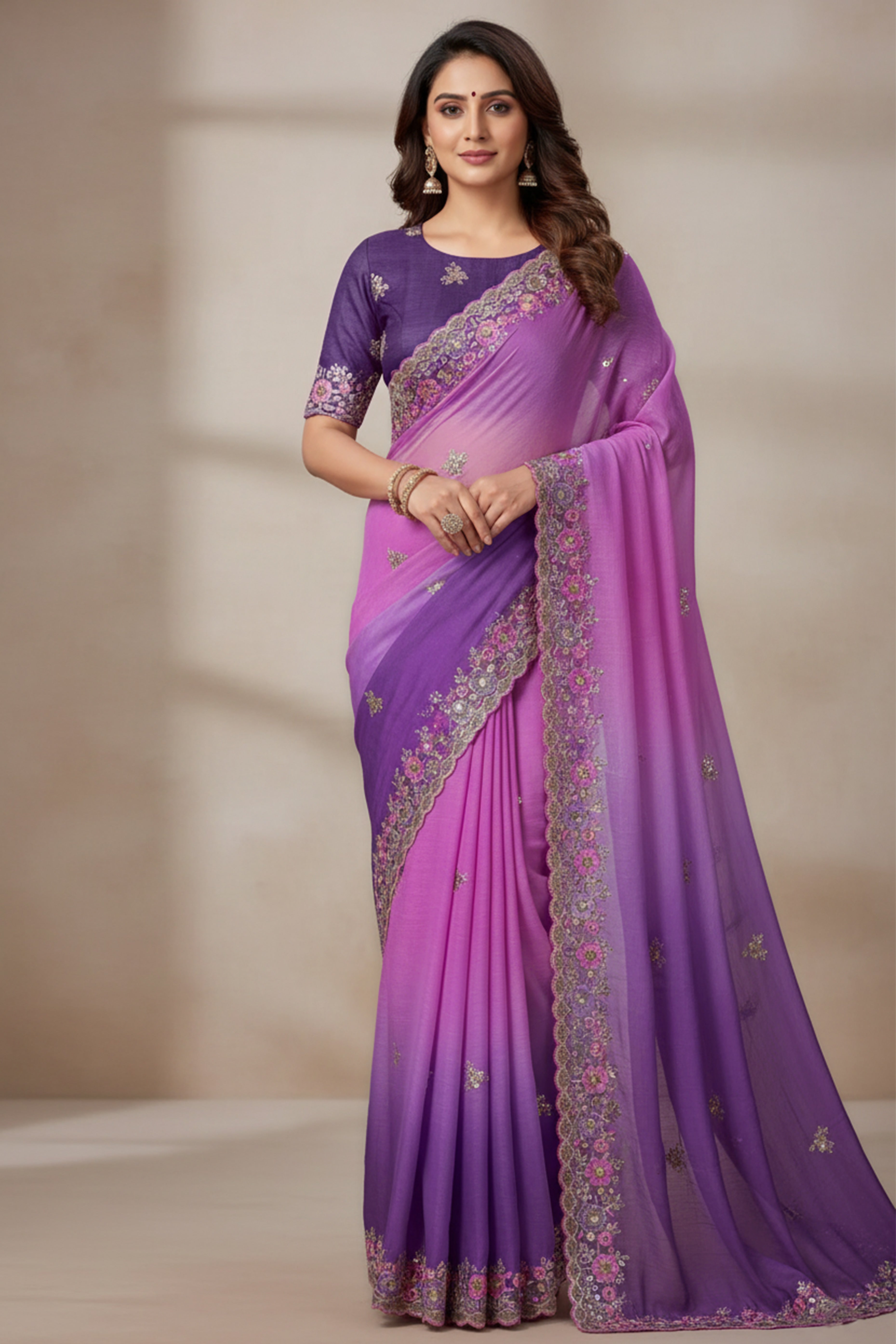 Radiant Purple Crunchy Ombre Saree Adorned with Floral Thread Embroidery & Sequins Work