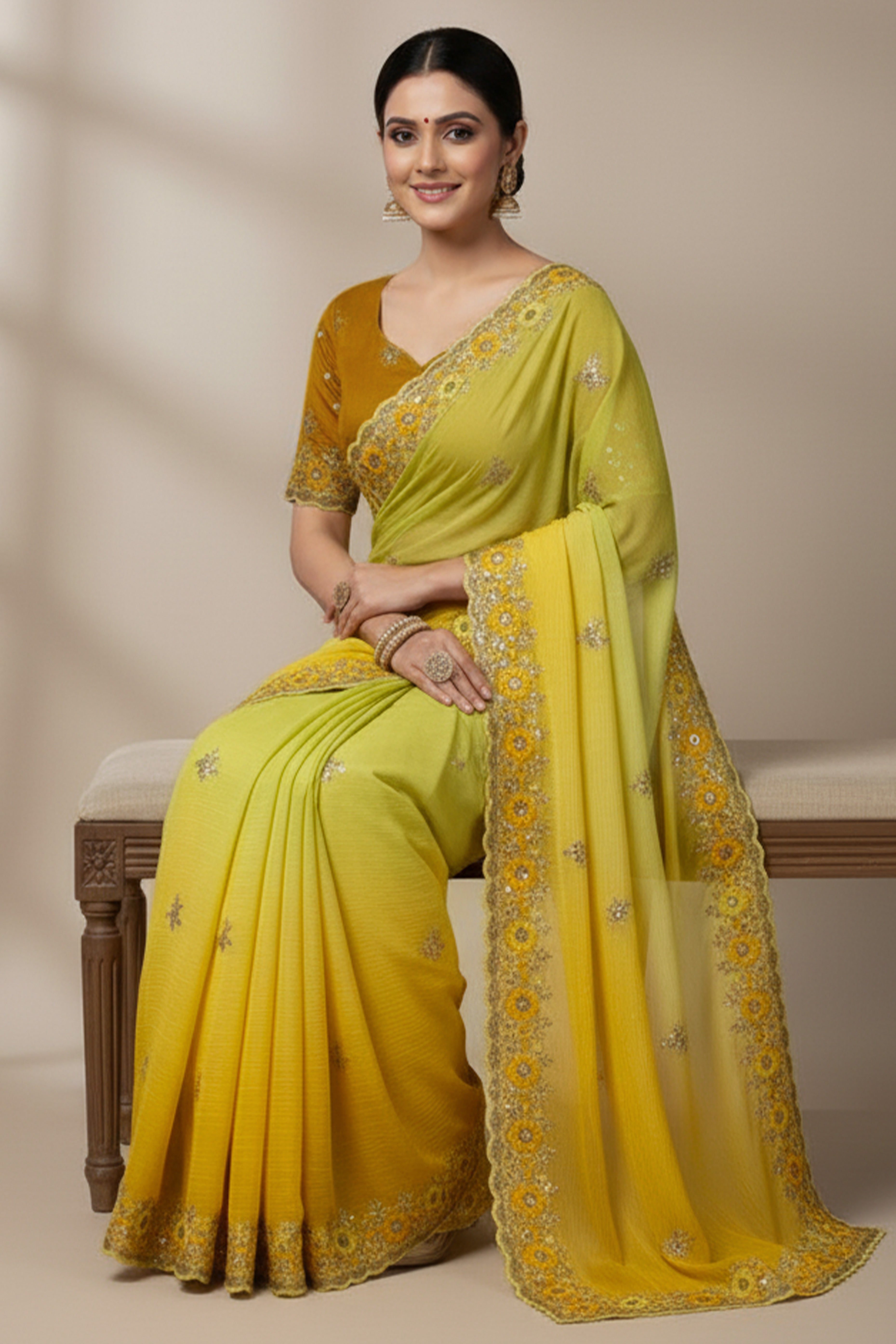 Radiant Yellow Crunchy Ombre Saree Adorned with Floral Thread Embroidery & Sequins Work