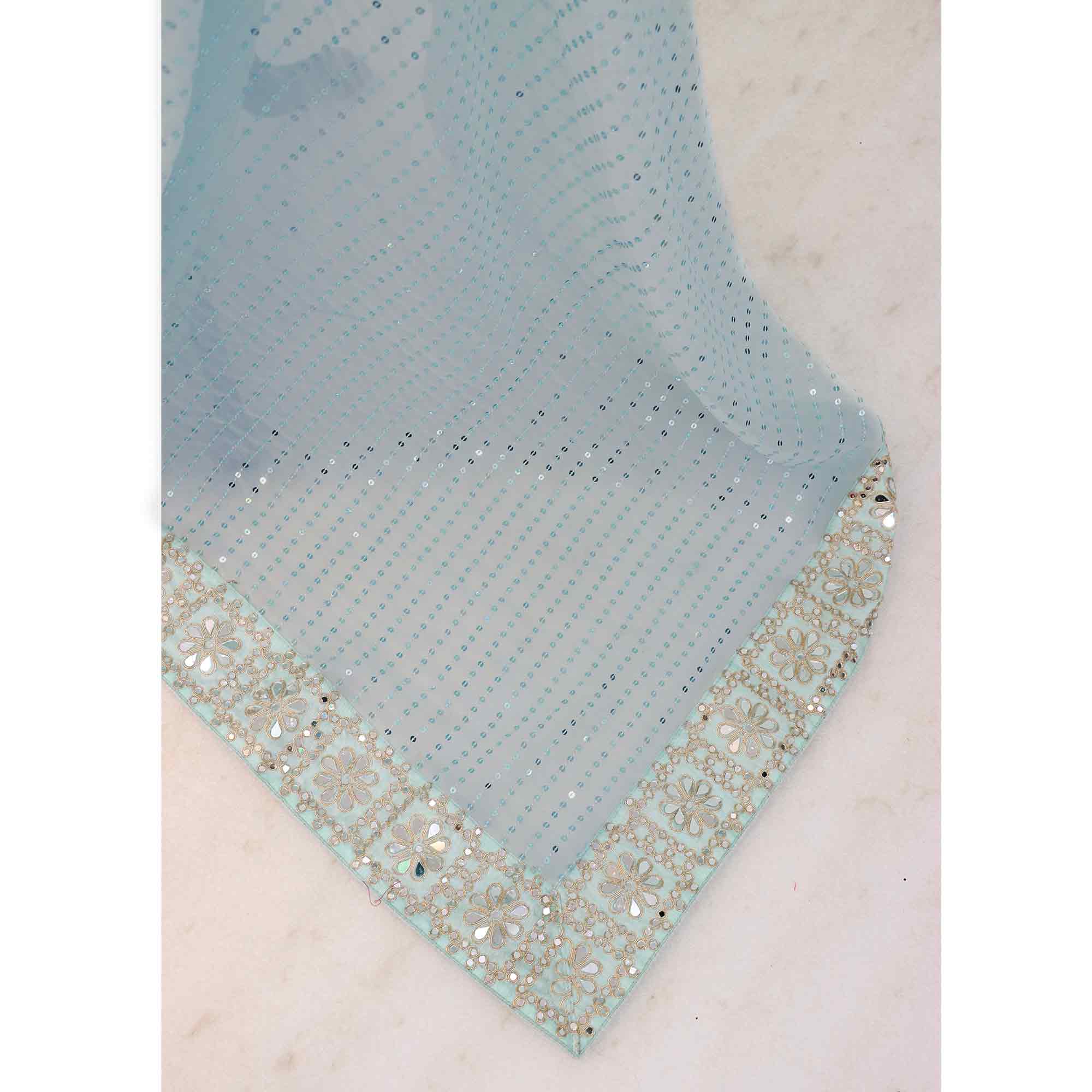 Sky Blue Faux Georgette Saree Adorned with Sequins Work and Elegant Embellishments