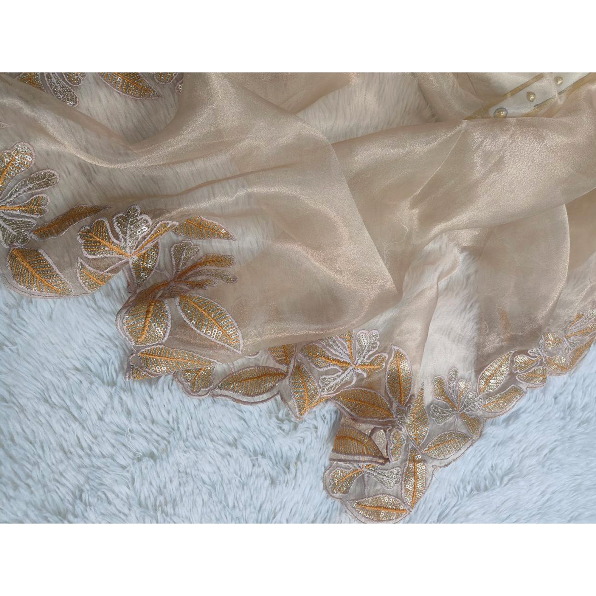 Sophisticated Beige Organza Silk Saree Beautified With Intricate Floral Embroidery & Sequins Work