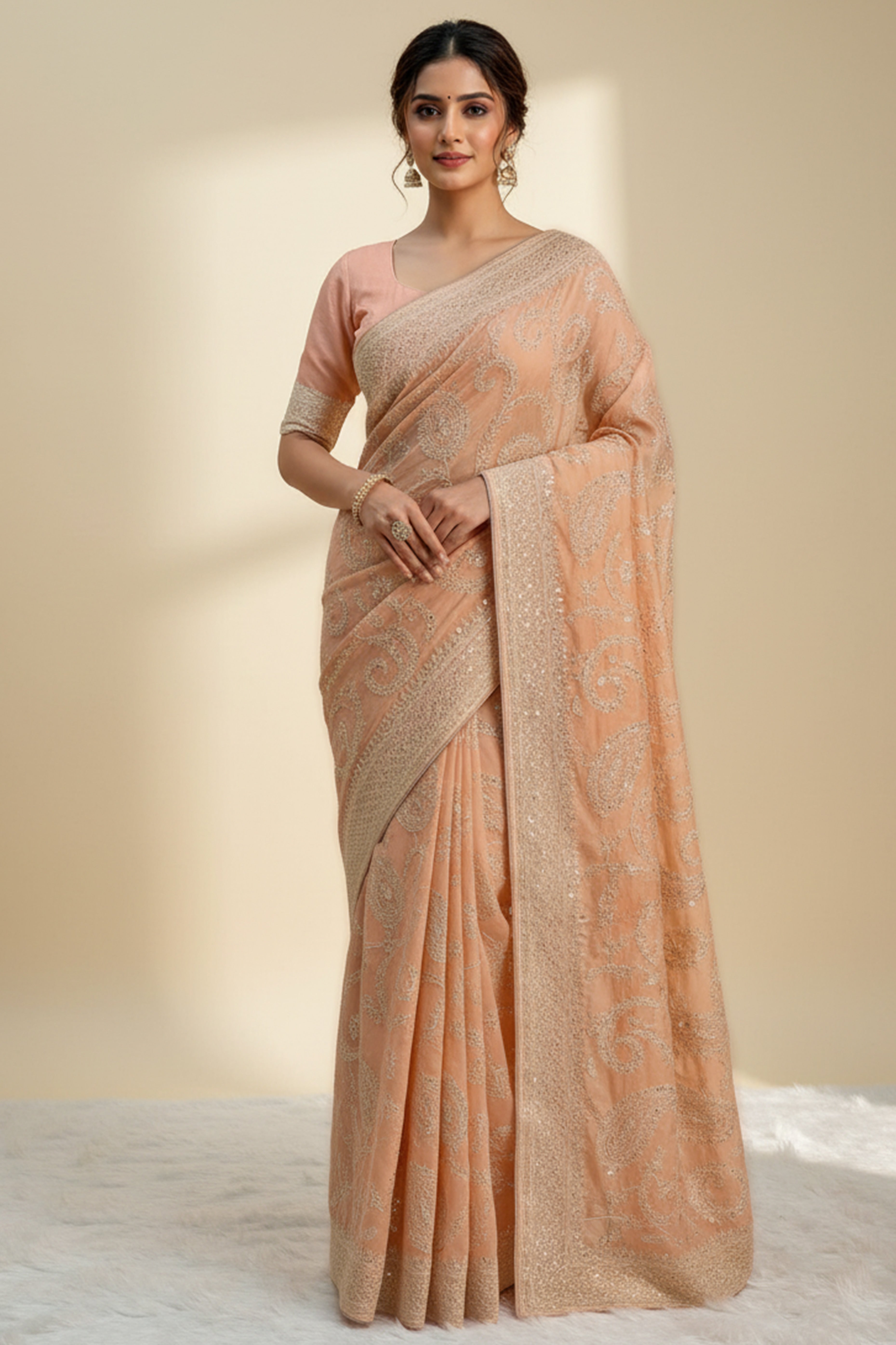 Lustrous Light Orange Organza Silk Saree Beautified With Paisley Embroidery & Glittering Sequins