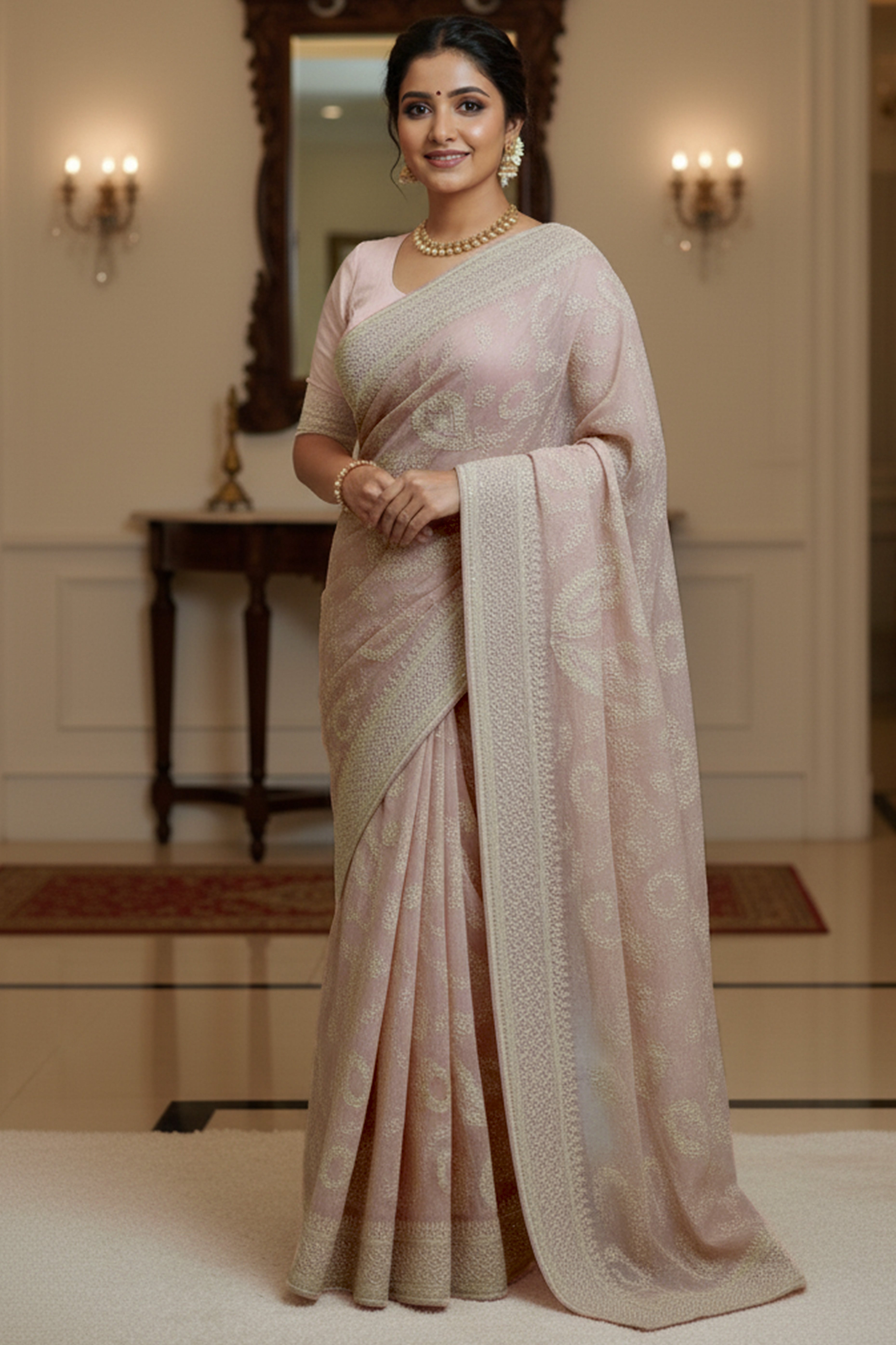 Lustrous Pink Organza Silk Saree Beautified With Paisley Embroidery & Glittering Sequins Work
