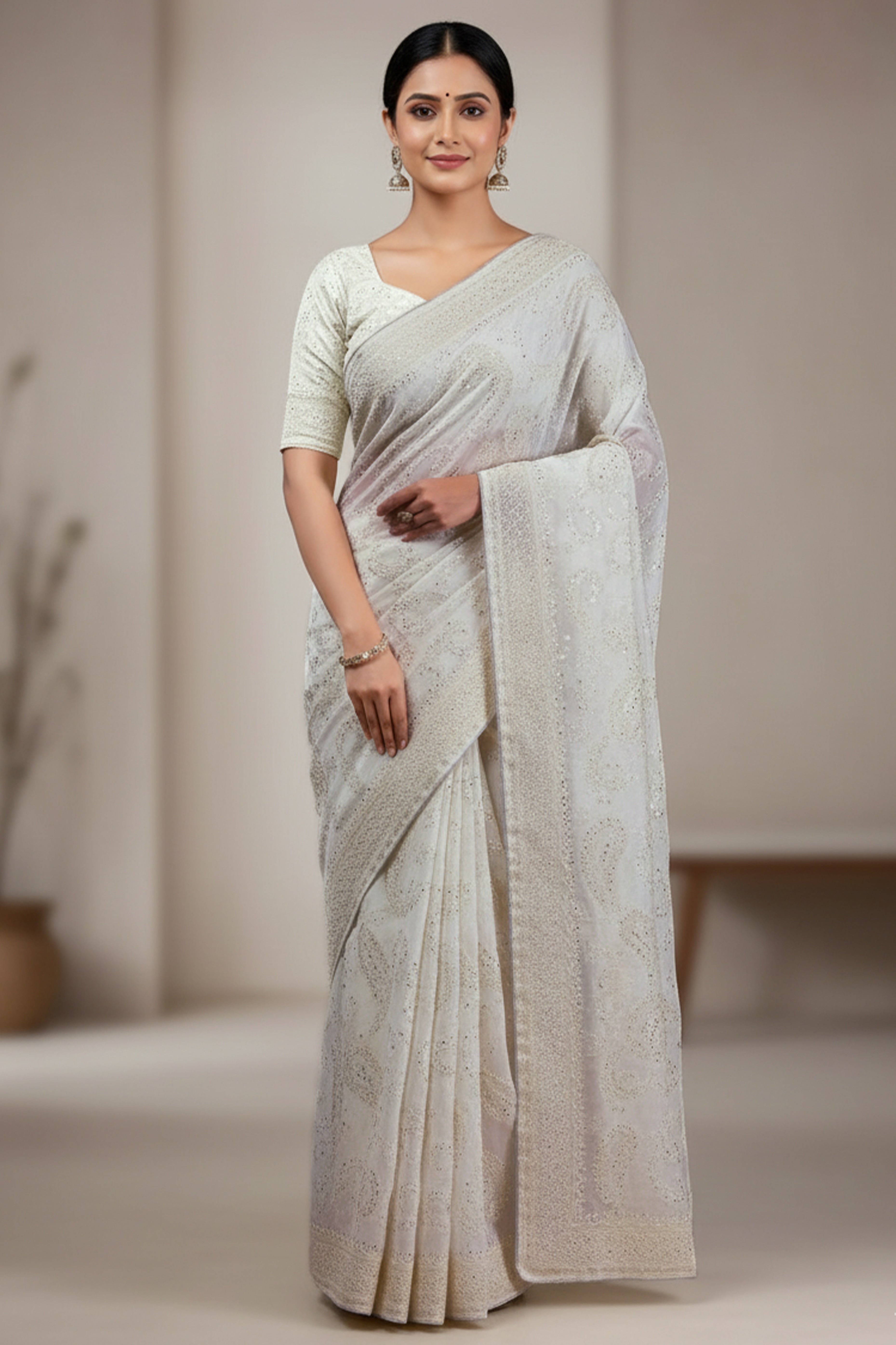 Lustrous White Organza Silk Saree Beautified With Paisley Embroidery & Glittering Sequins Work