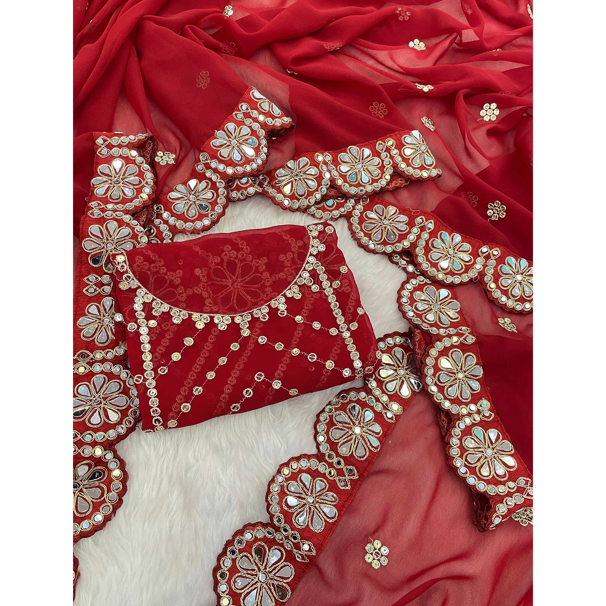 Red Sequins Embellished Georgette Saree with Glamorous Party-Wear Finish