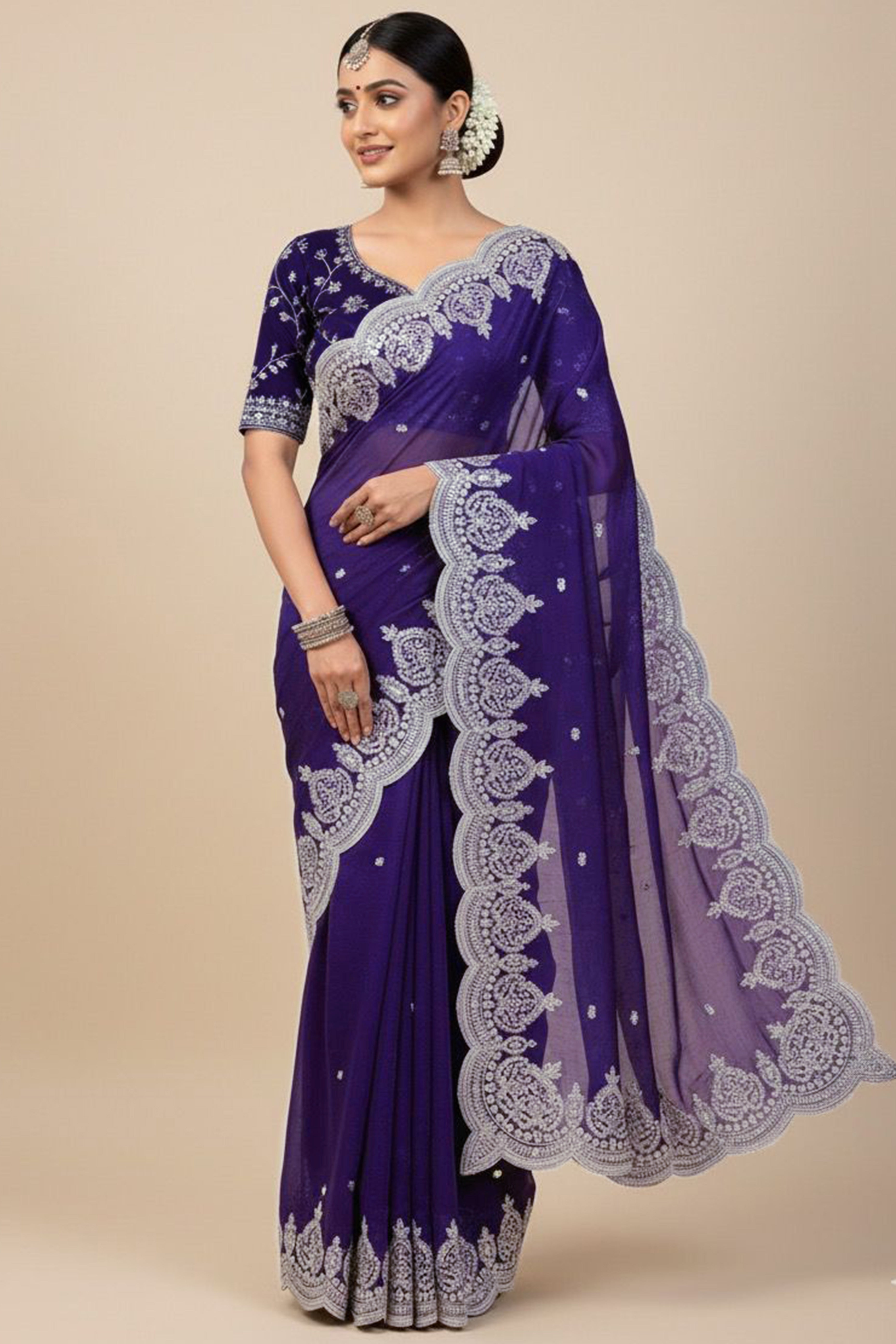 Designer Violet Fandy Satin Saree with All-Over Sequins Embellishments
