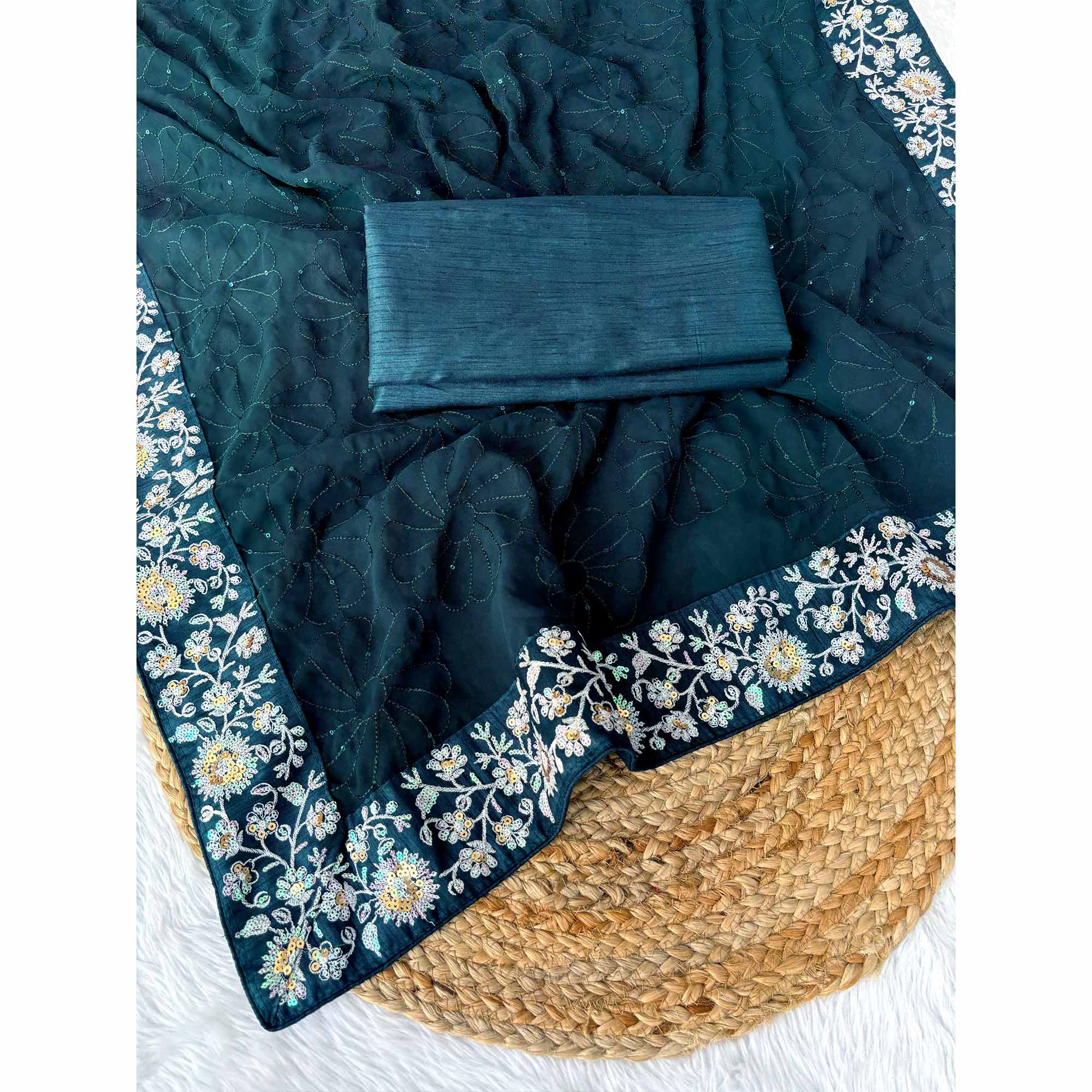 Teal Designer Saree In Georgette With Delicate Floral Sequins Embroidery Work