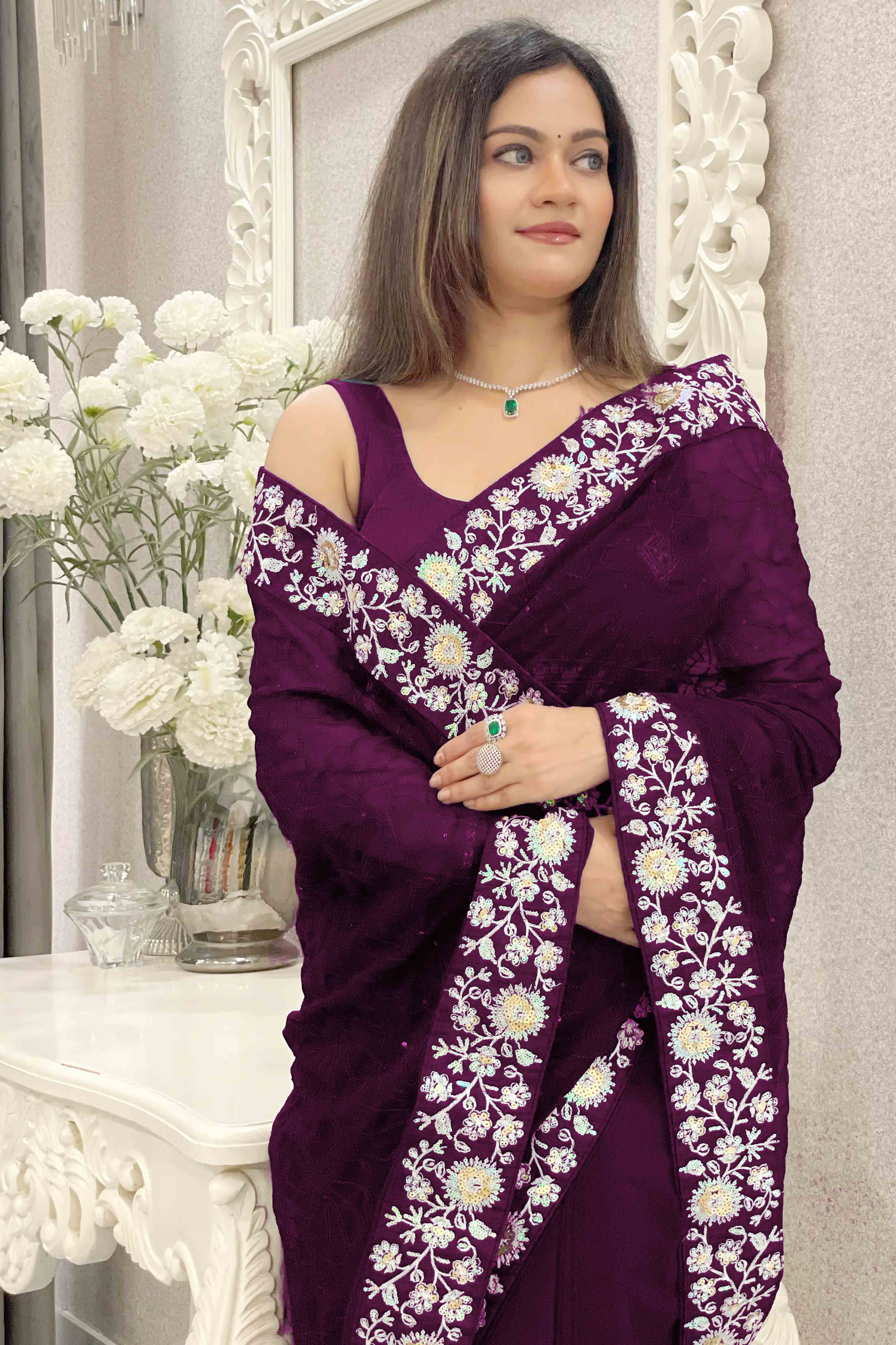 Wine Designer Saree In Georgette With Delicate Floral Sequins Embroidery Work