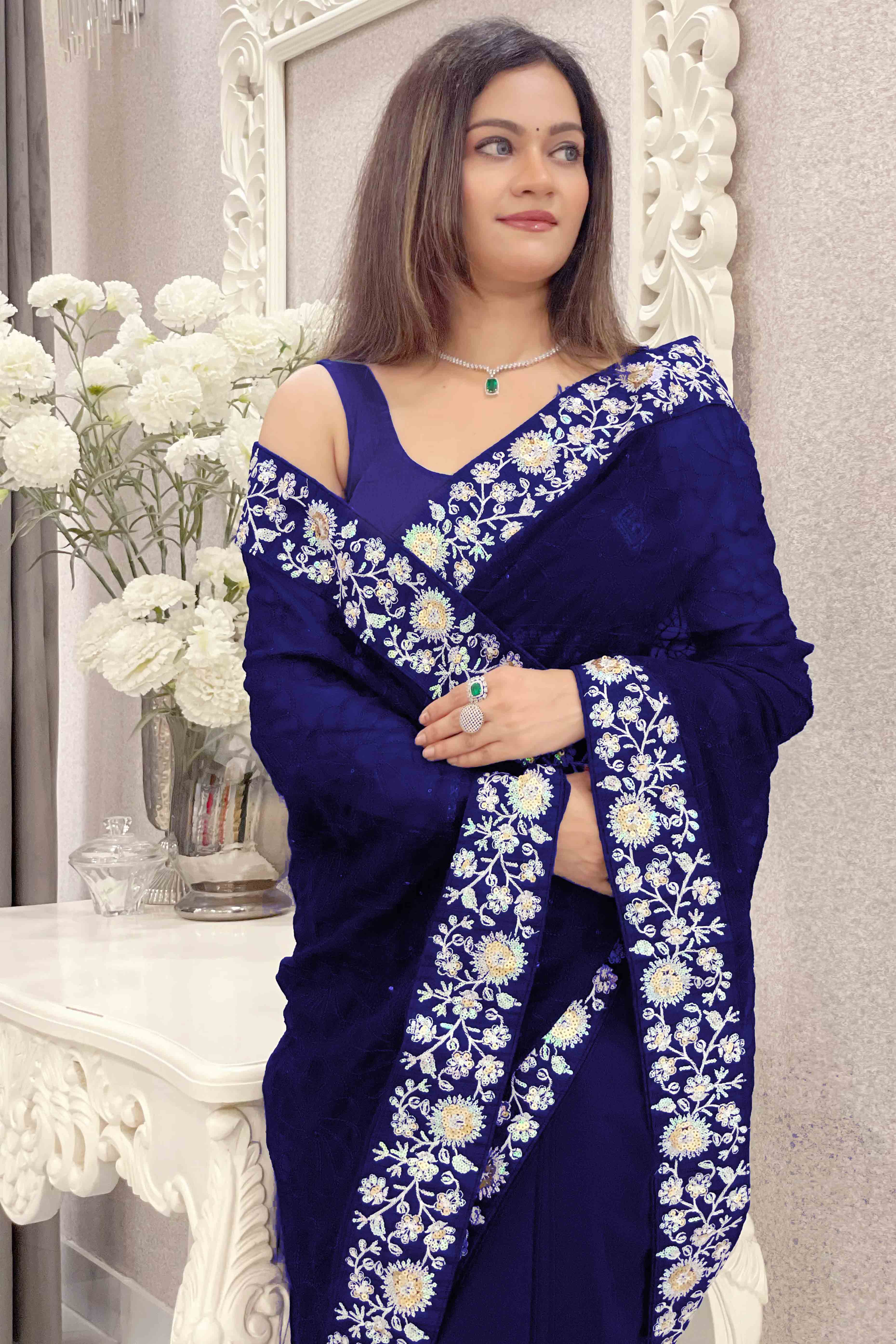 Royal Blue Designer Saree In Georgette With Delicate Floral Sequins Embroidery Work