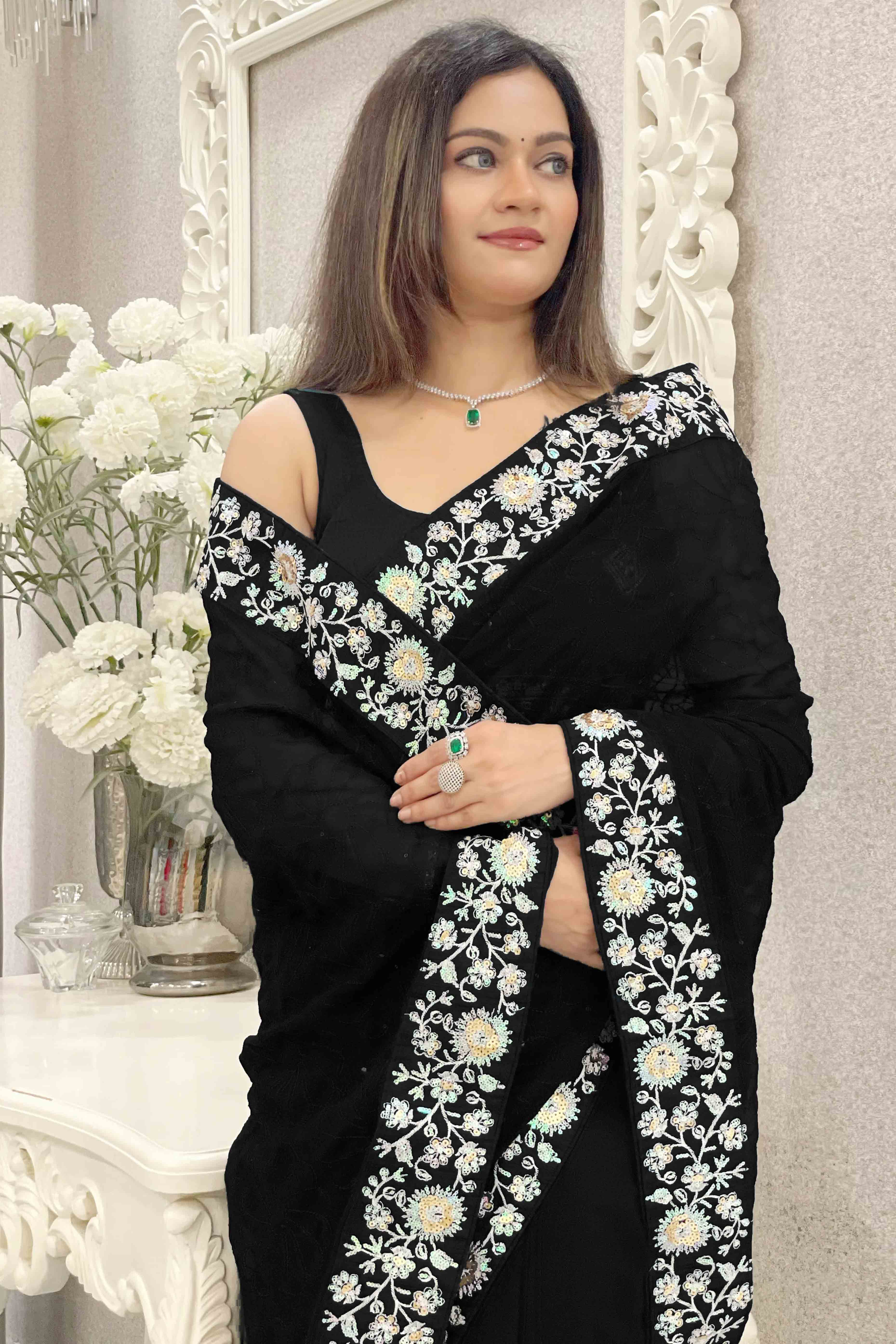 Black Designer Saree In Georgette With Delicate Floral Sequins Embroidery Work